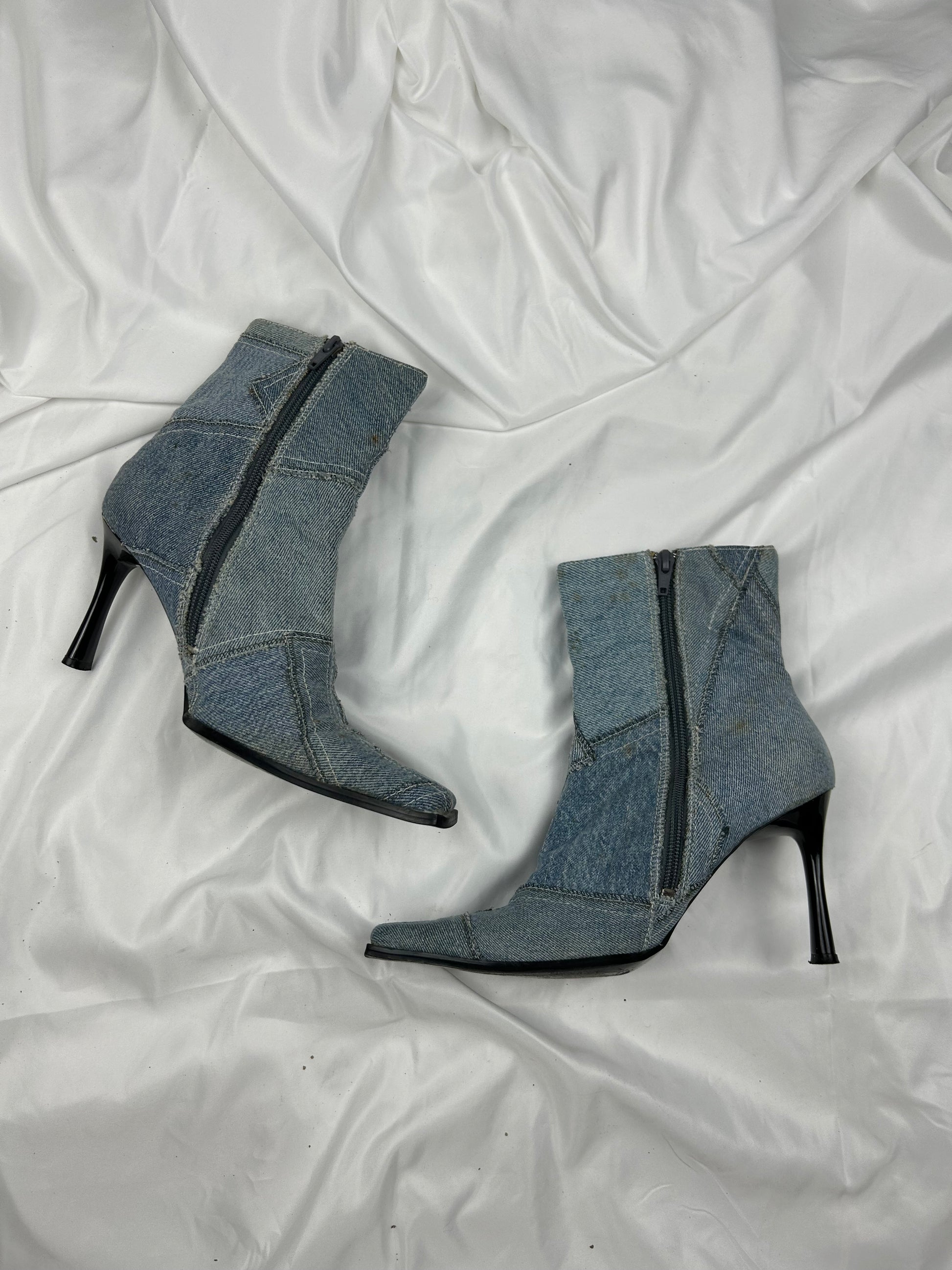 Blue denim pointed toes heels mid boots (37)