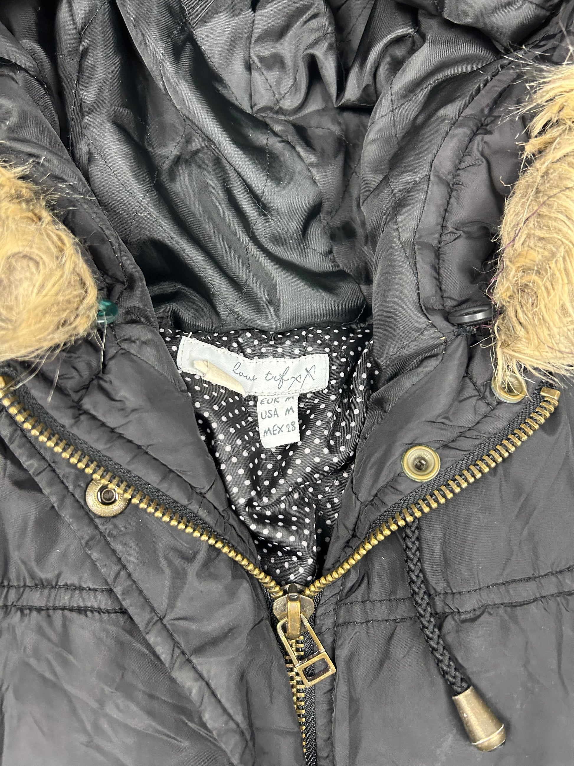 Black zip up faux fur crop puffer biker jacket (S)