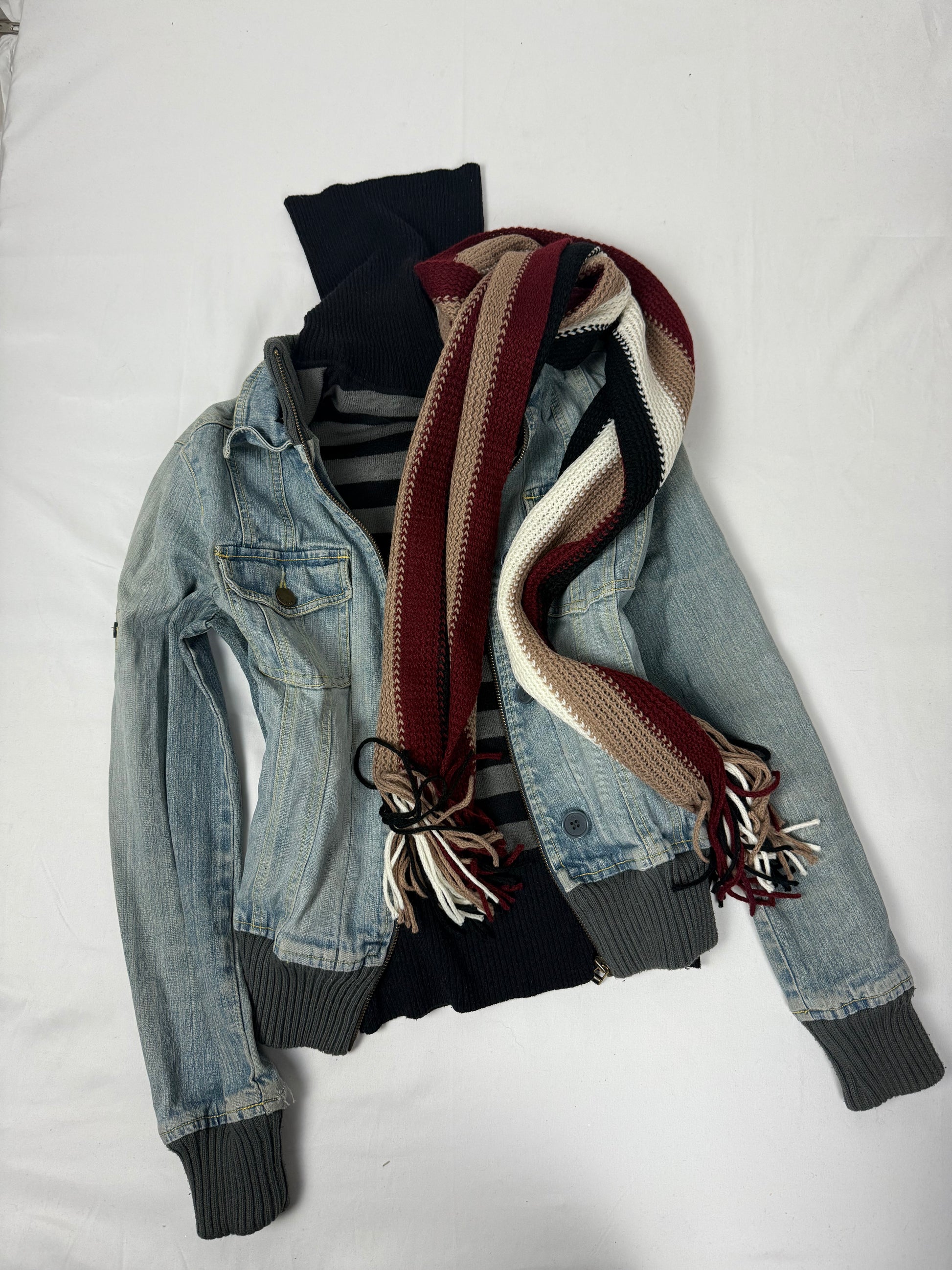 Beige striped knitted winter scarf