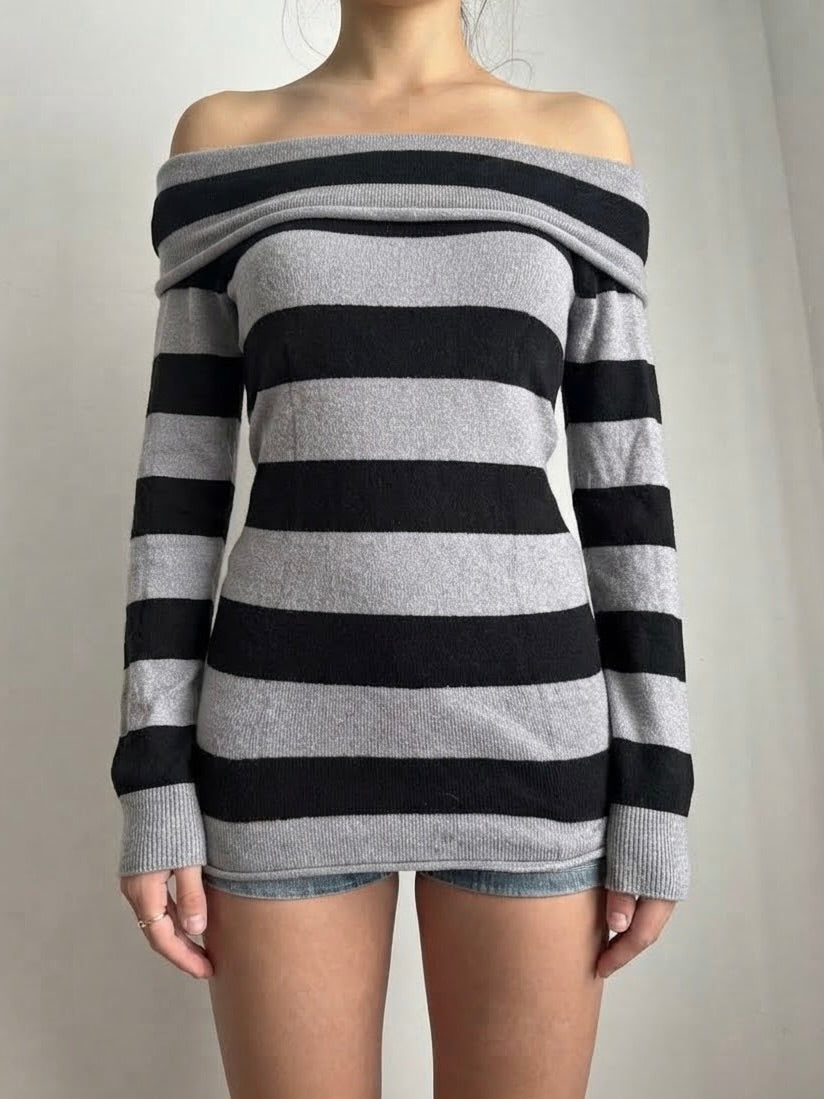 Grey & black striped bardot knit mini dress (M)