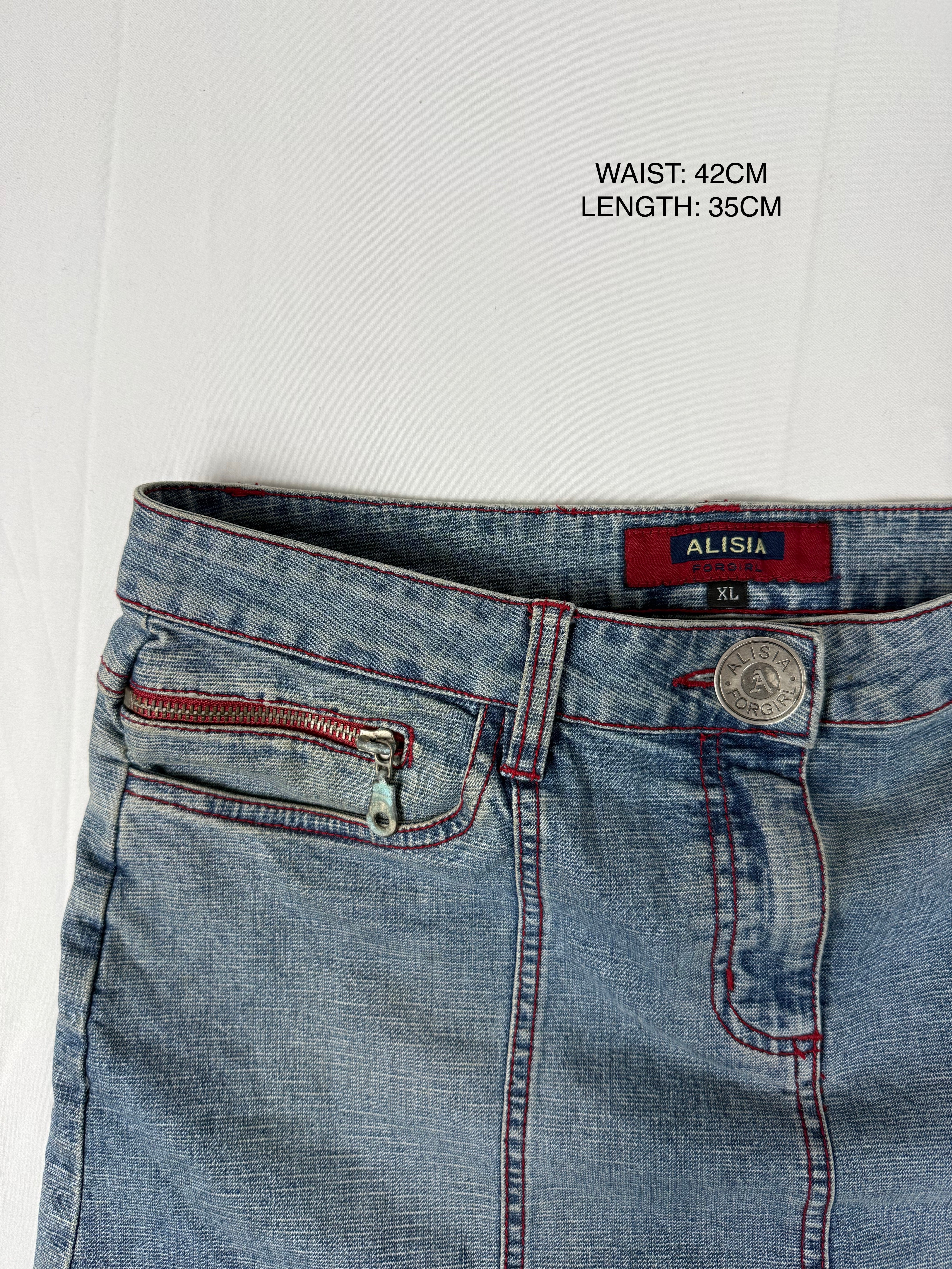 Blue denim low rise pleated mini skirt (L)