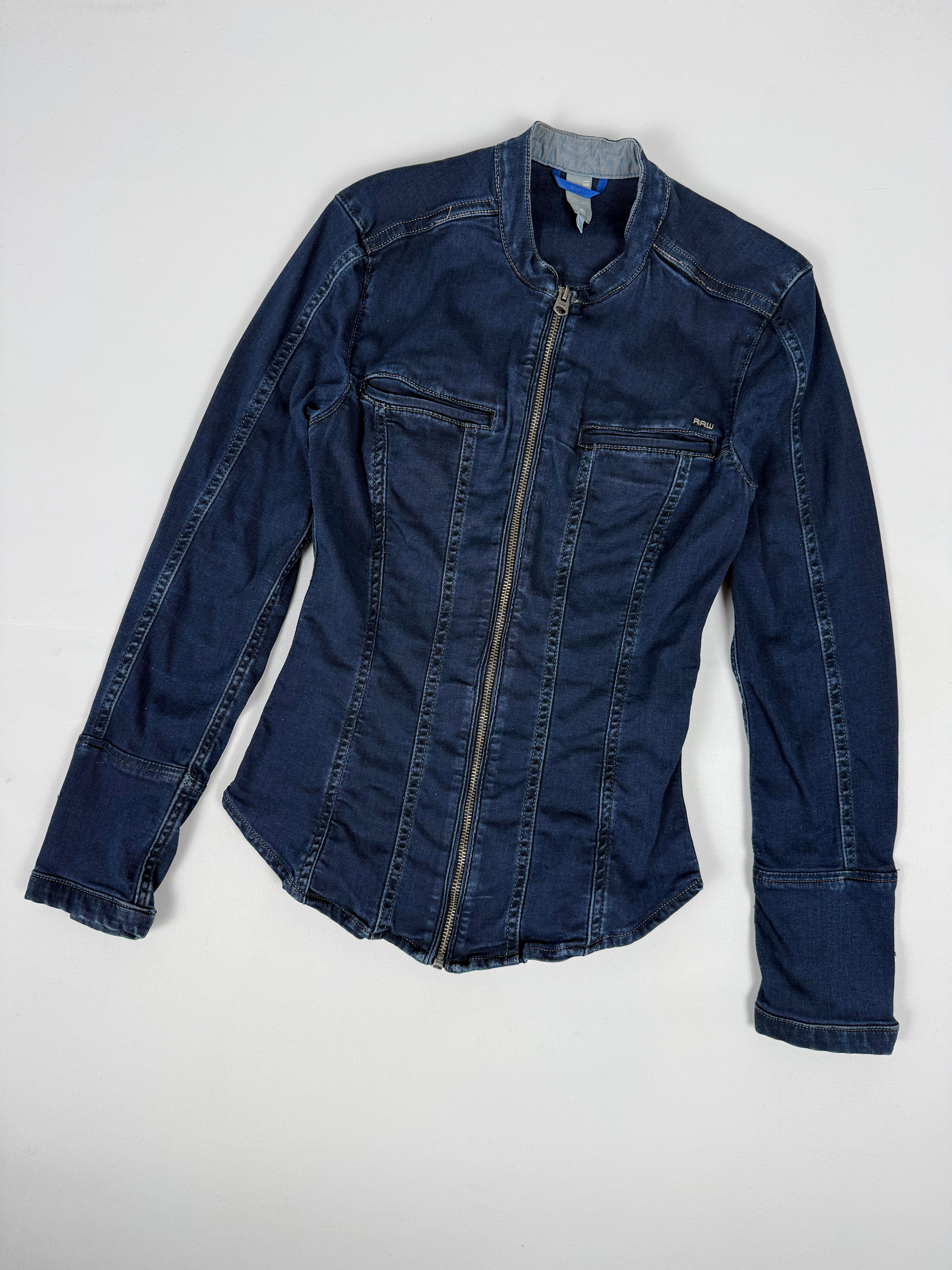 Navy denim zip up biker jacket (XS)