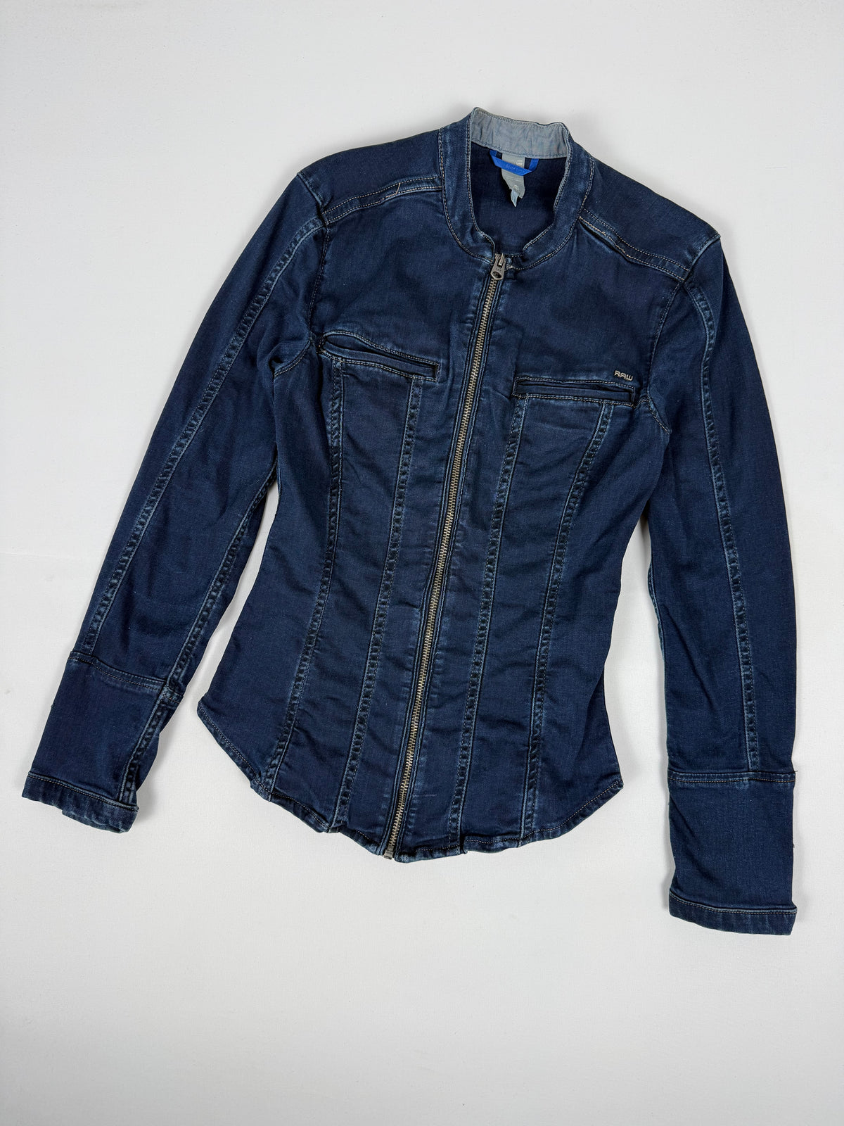 Navy denim zip up biker jacket (XS)