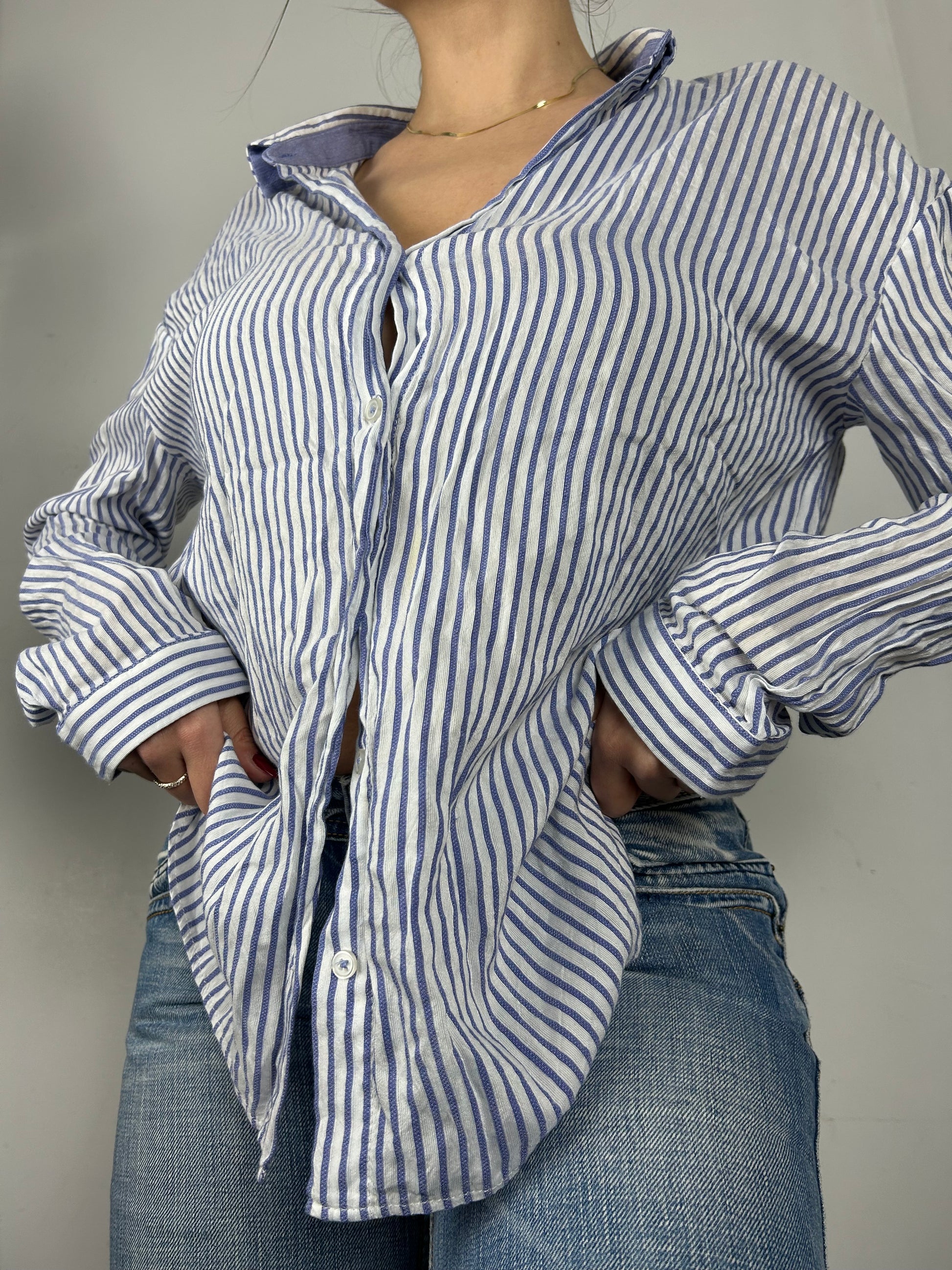 Baby blue striped cotton long sleeves shirt (S)