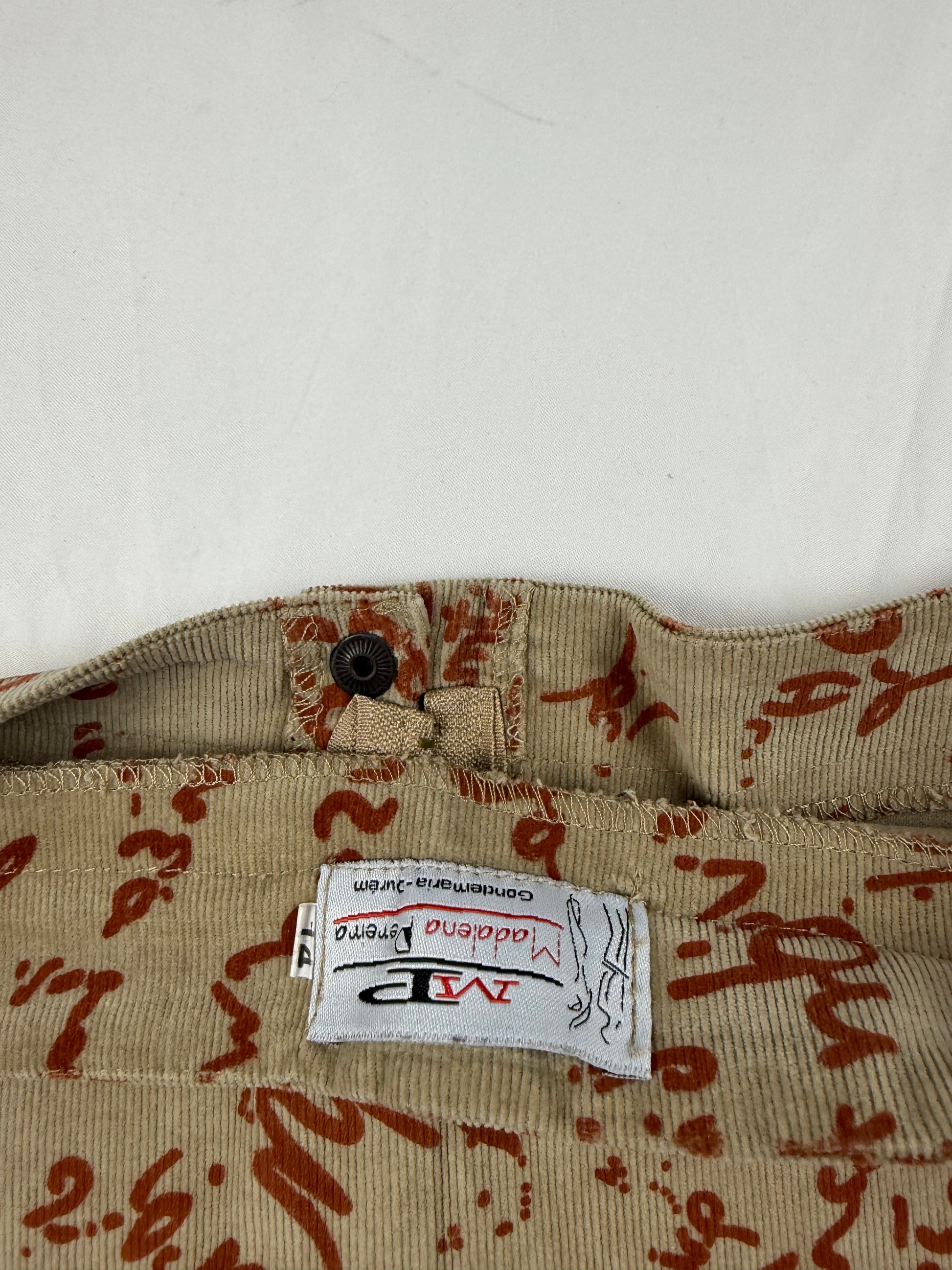 Beige graphic denim velvet pleated mini skirt (S/M)