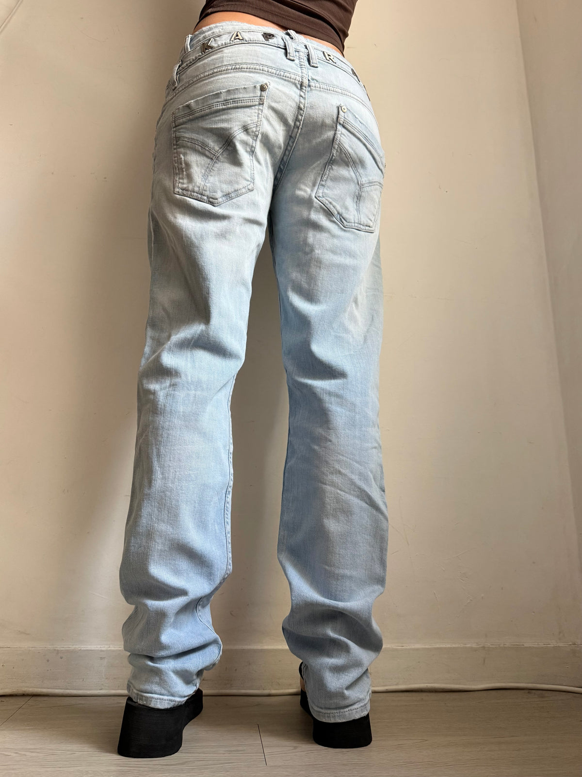 Blue denim low rise baggy pants (L)