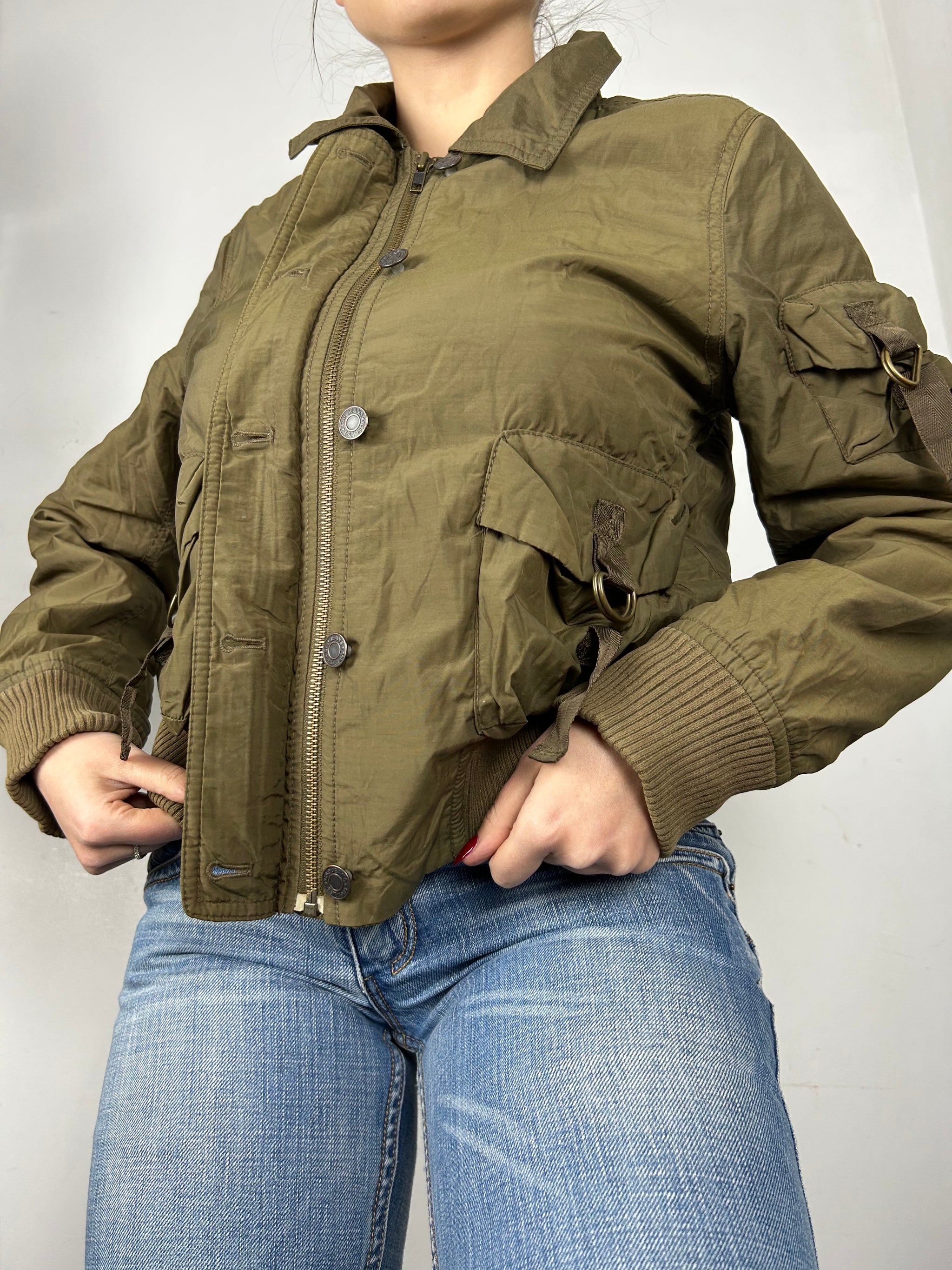 Khaki utility zip up biker jacket (M)