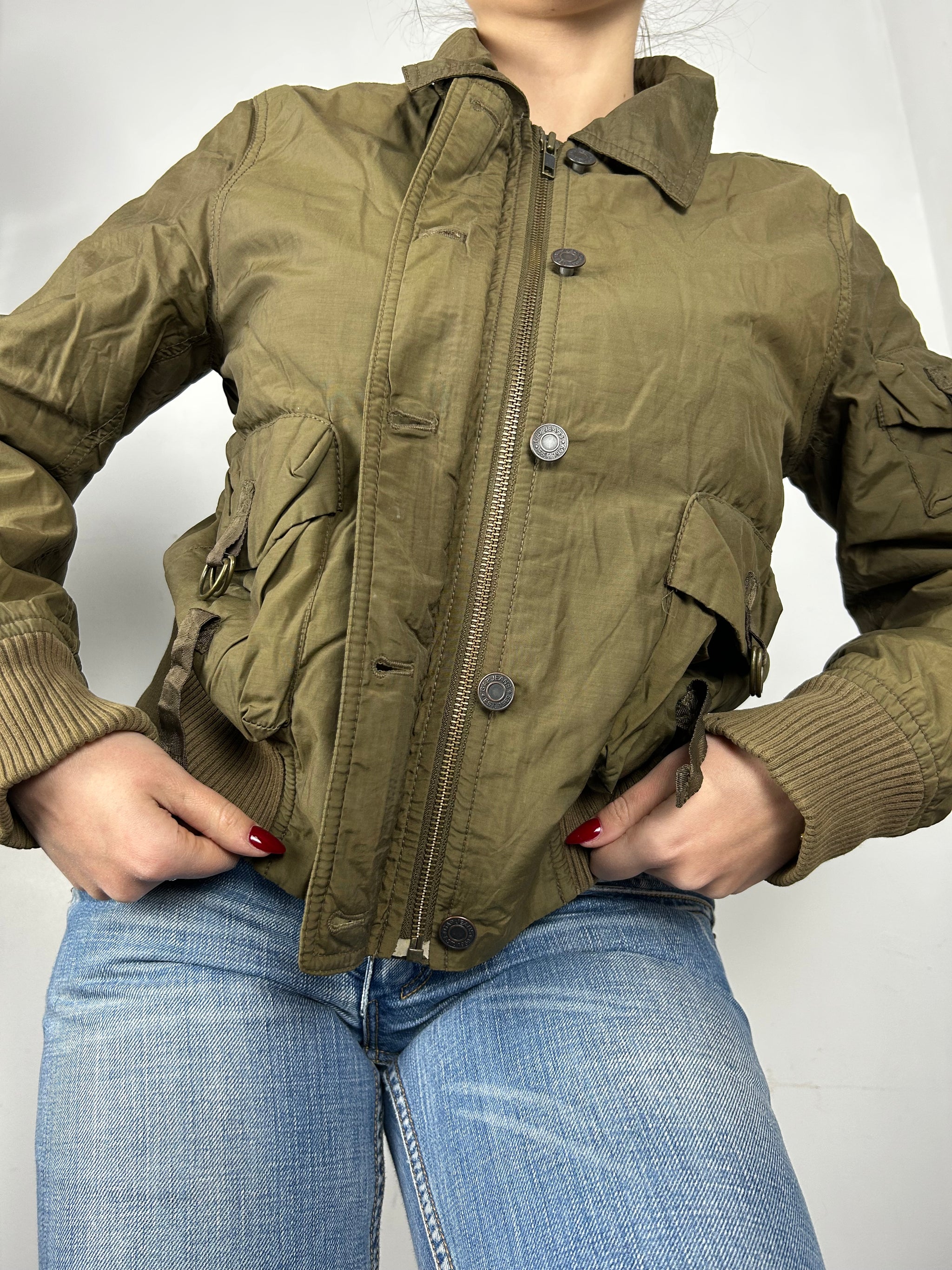 Khaki utility zip up biker jacket (M)