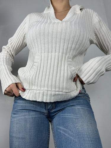 White ribbed V neck stretchy jumper (S/M)