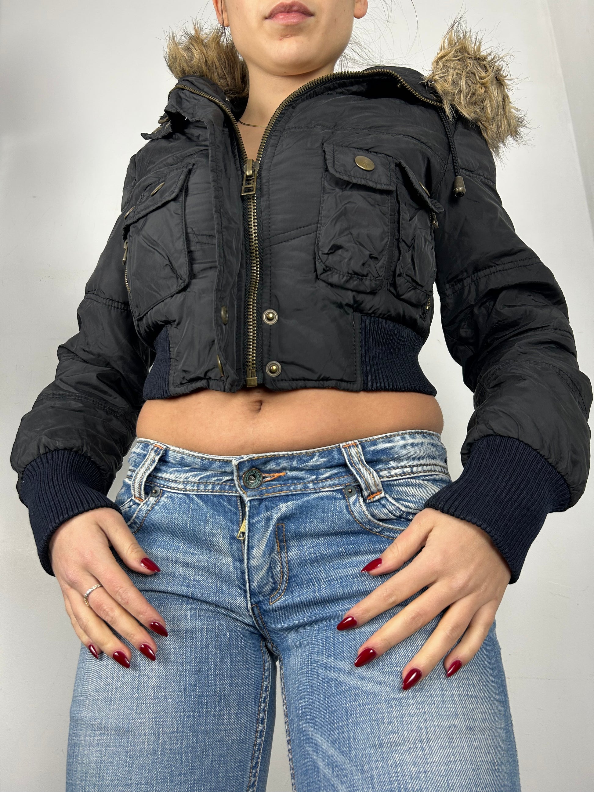 Black zip up faux fur crop puffer biker jacket (S)