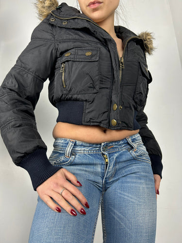 Black zip up faux fur crop puffer biker jacket (S)