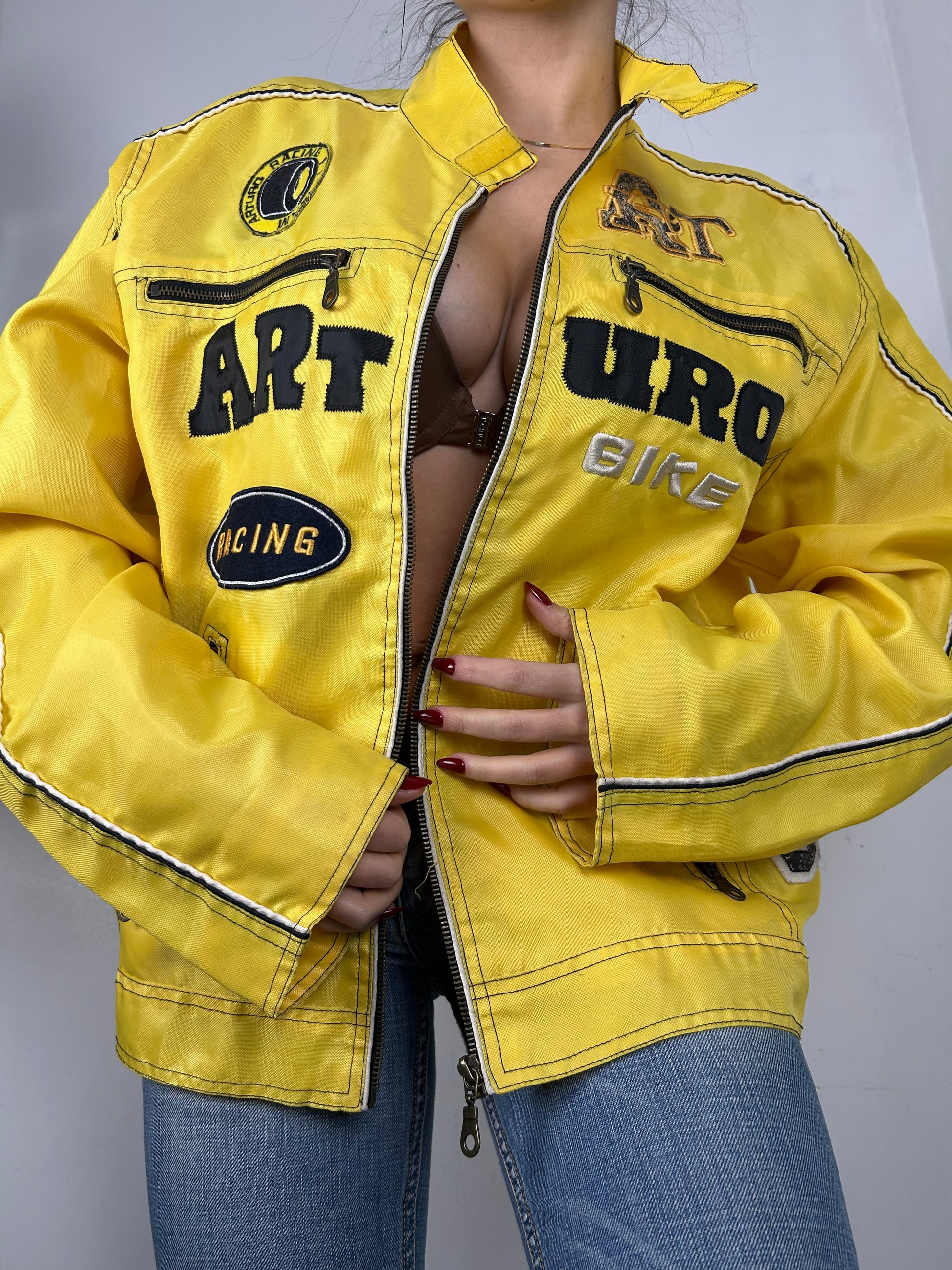 Yellow zip up biker jacket (XL)