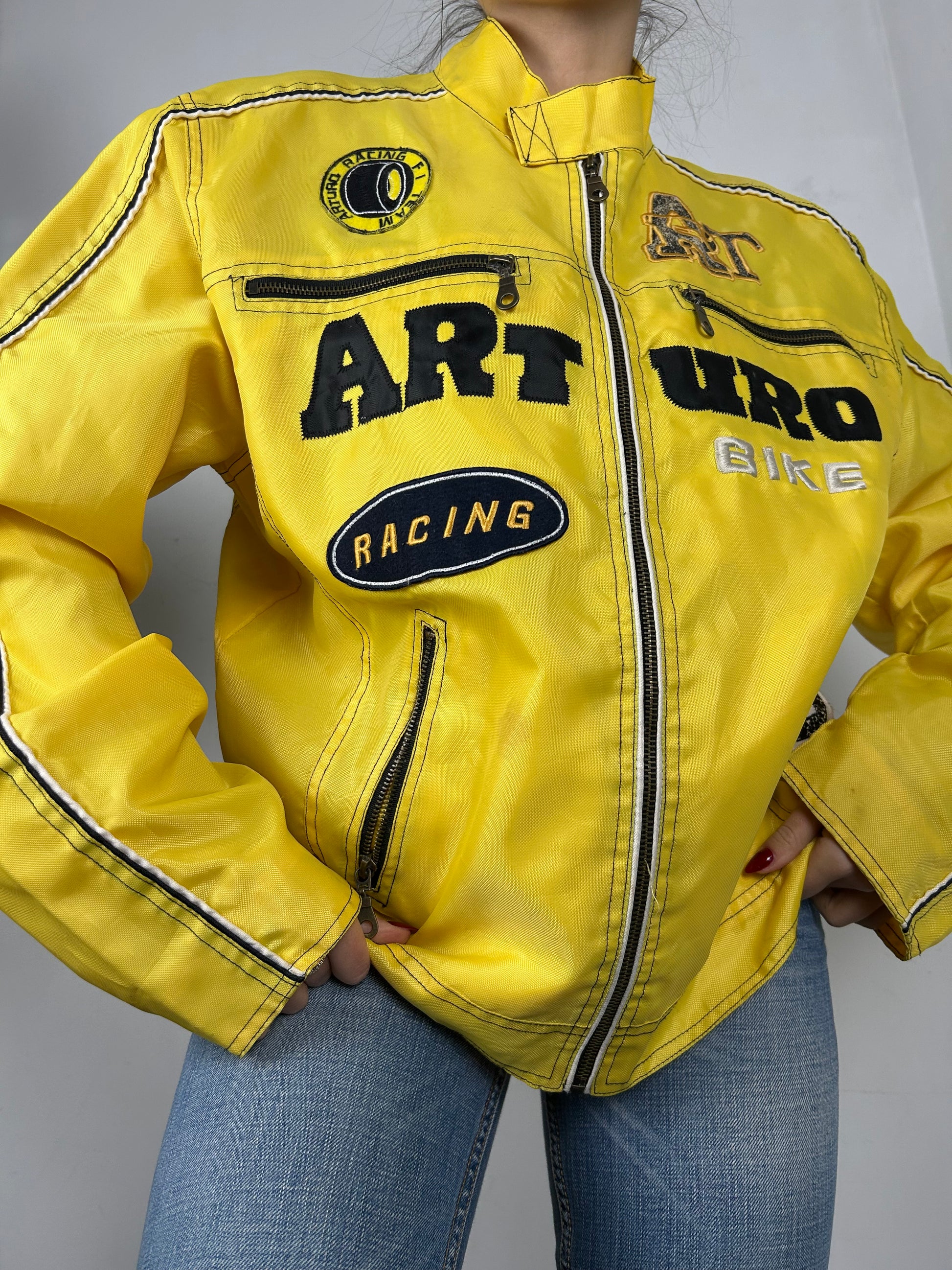 Yellow zip up biker jacket (XL)