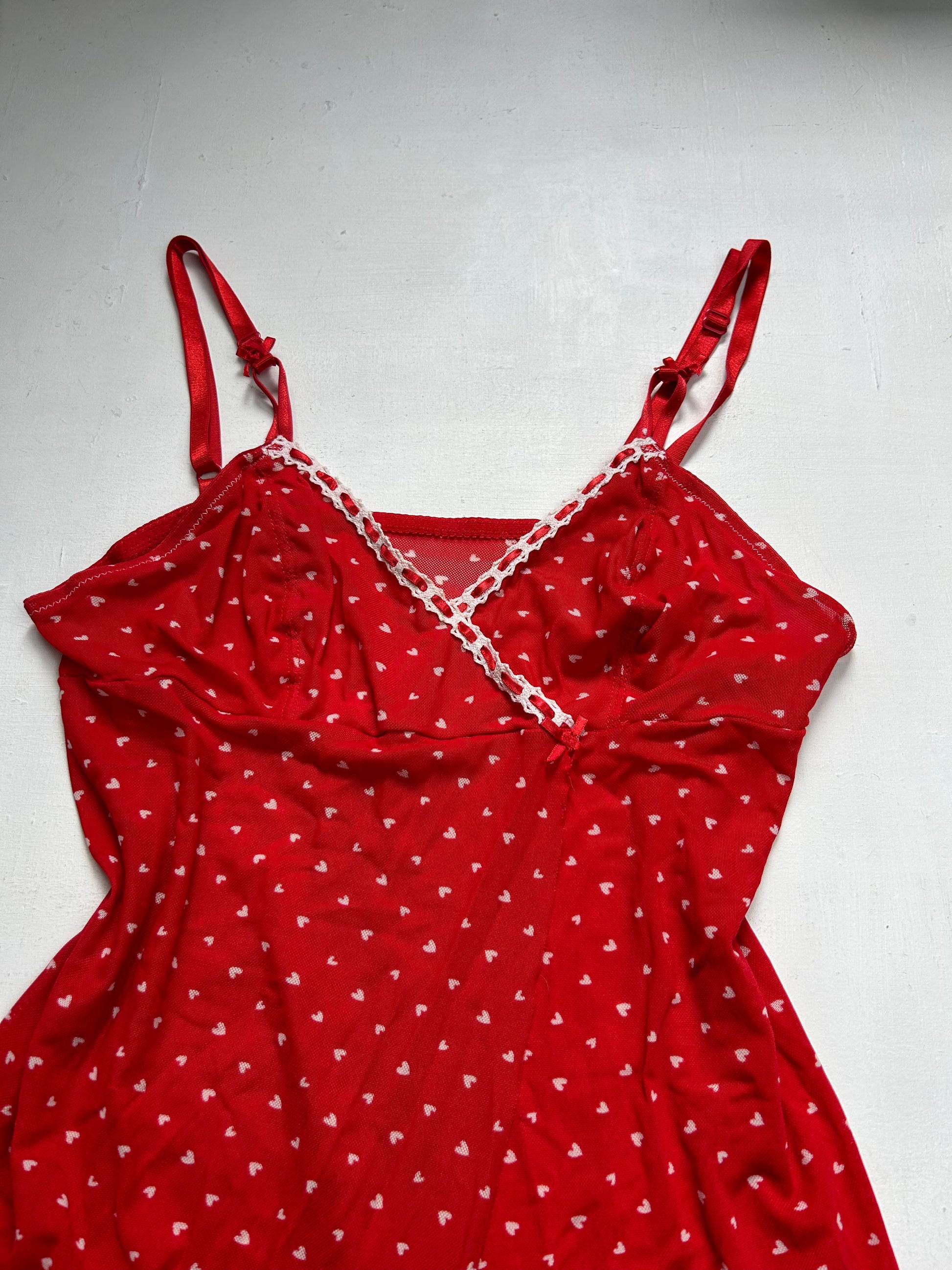 Mesh see trough red hearts lingerie cami top mini dress babydoll (S/M)