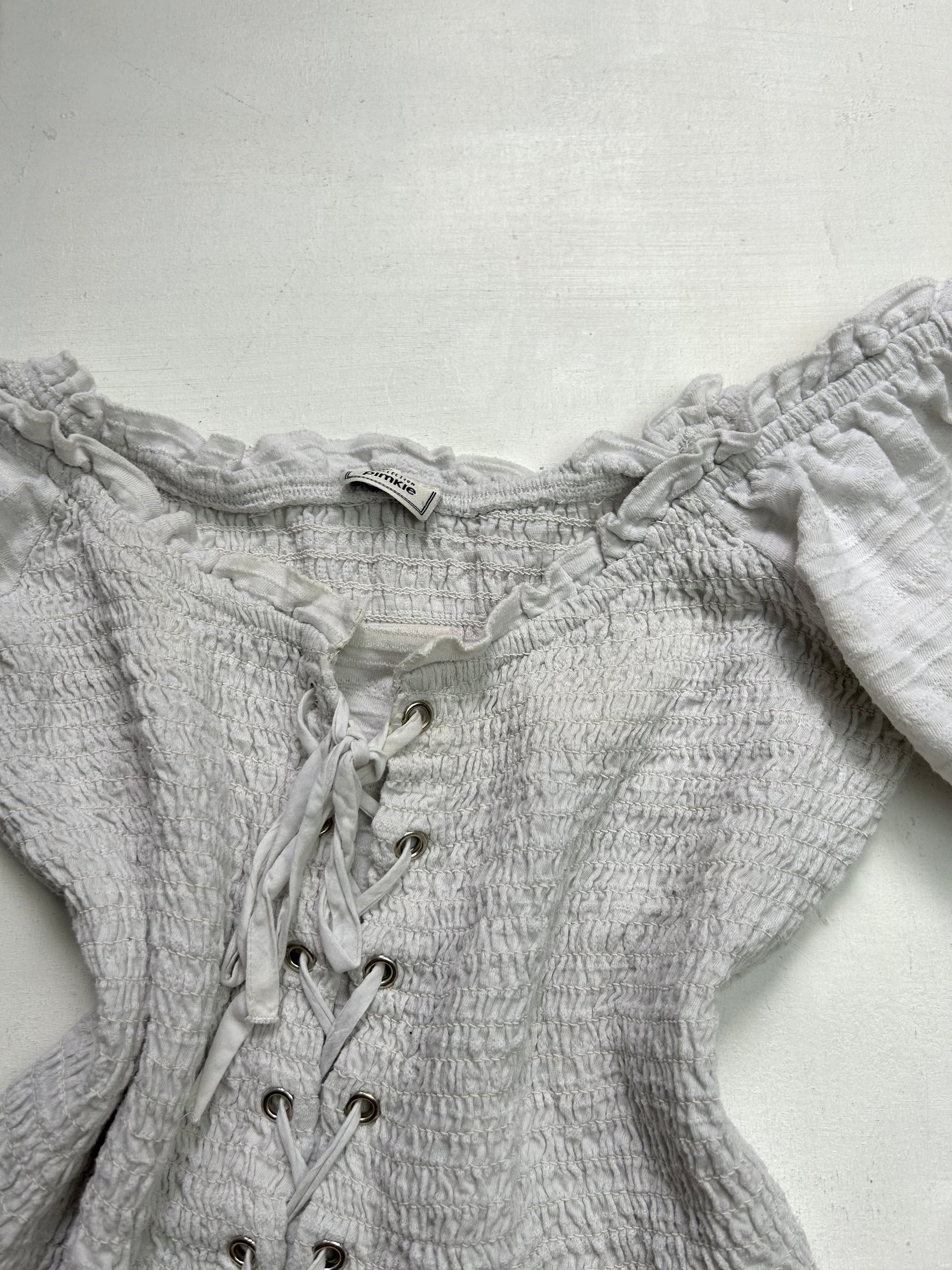 White bardot neckline ruched lace up coquette tee (S/M)