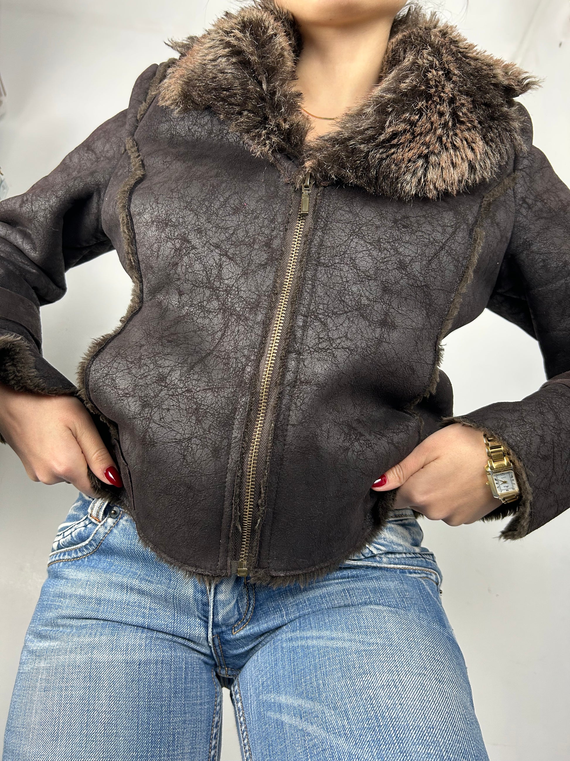 Brown suede leather biker faux fur  jacket (M)