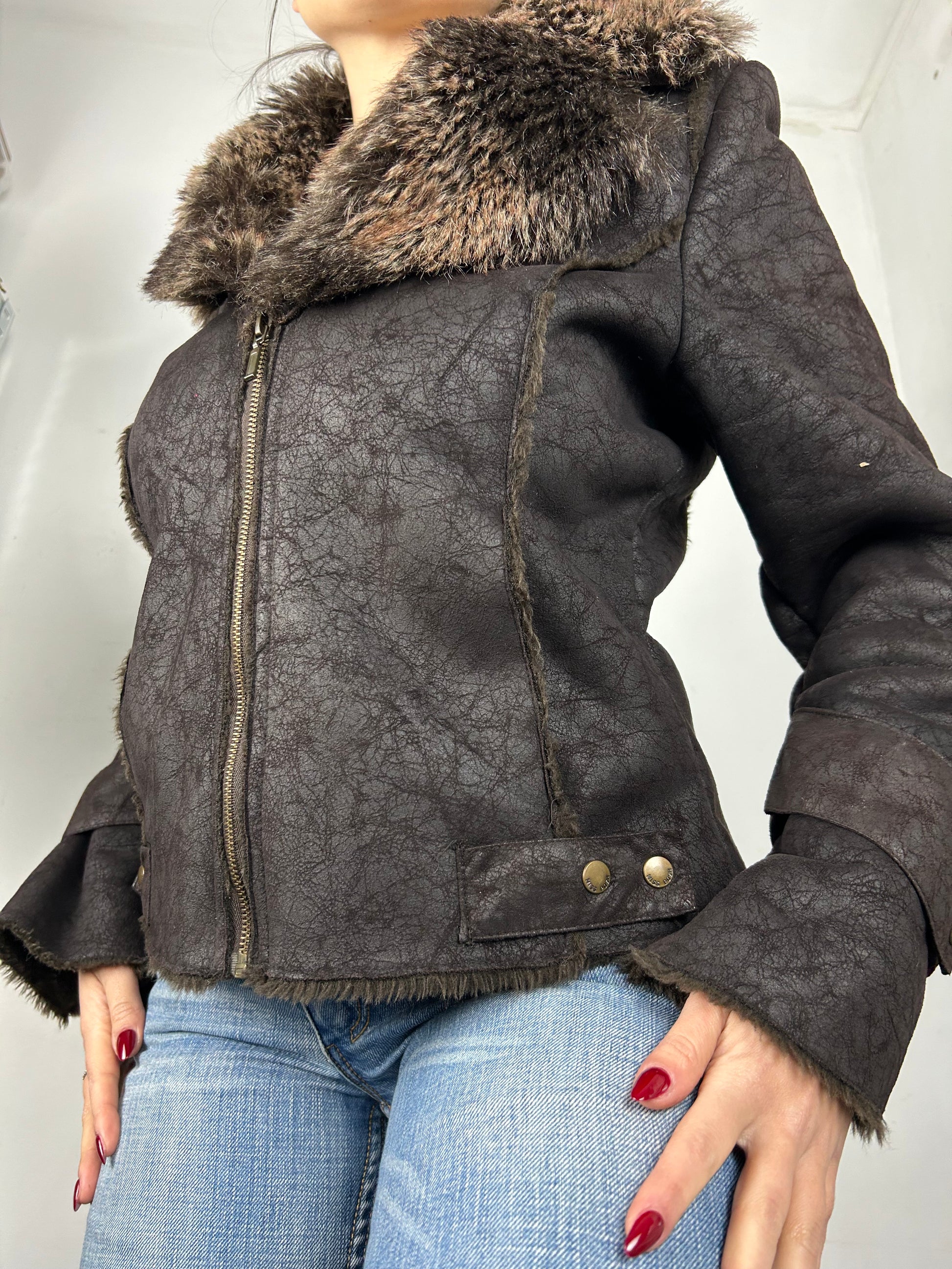 Brown suede leather biker faux fur  jacket (M)