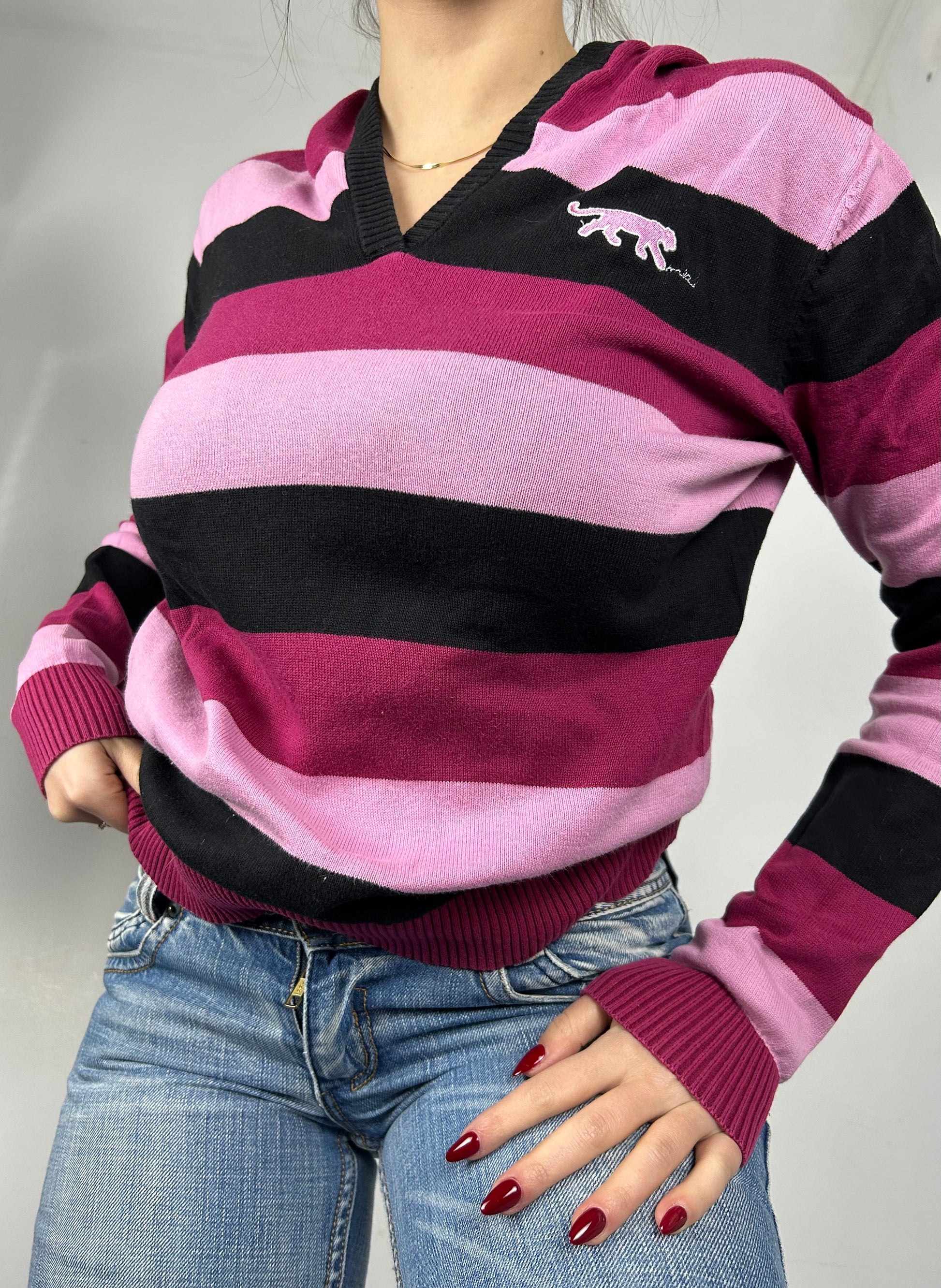 Pink striped hoodie jumper (M)