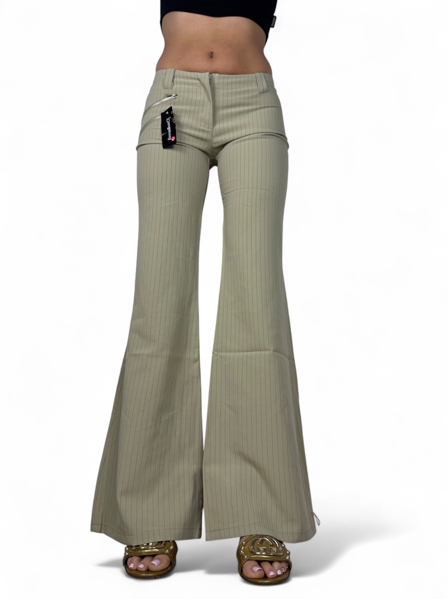 Khaki striped low waist office flare pants (S)