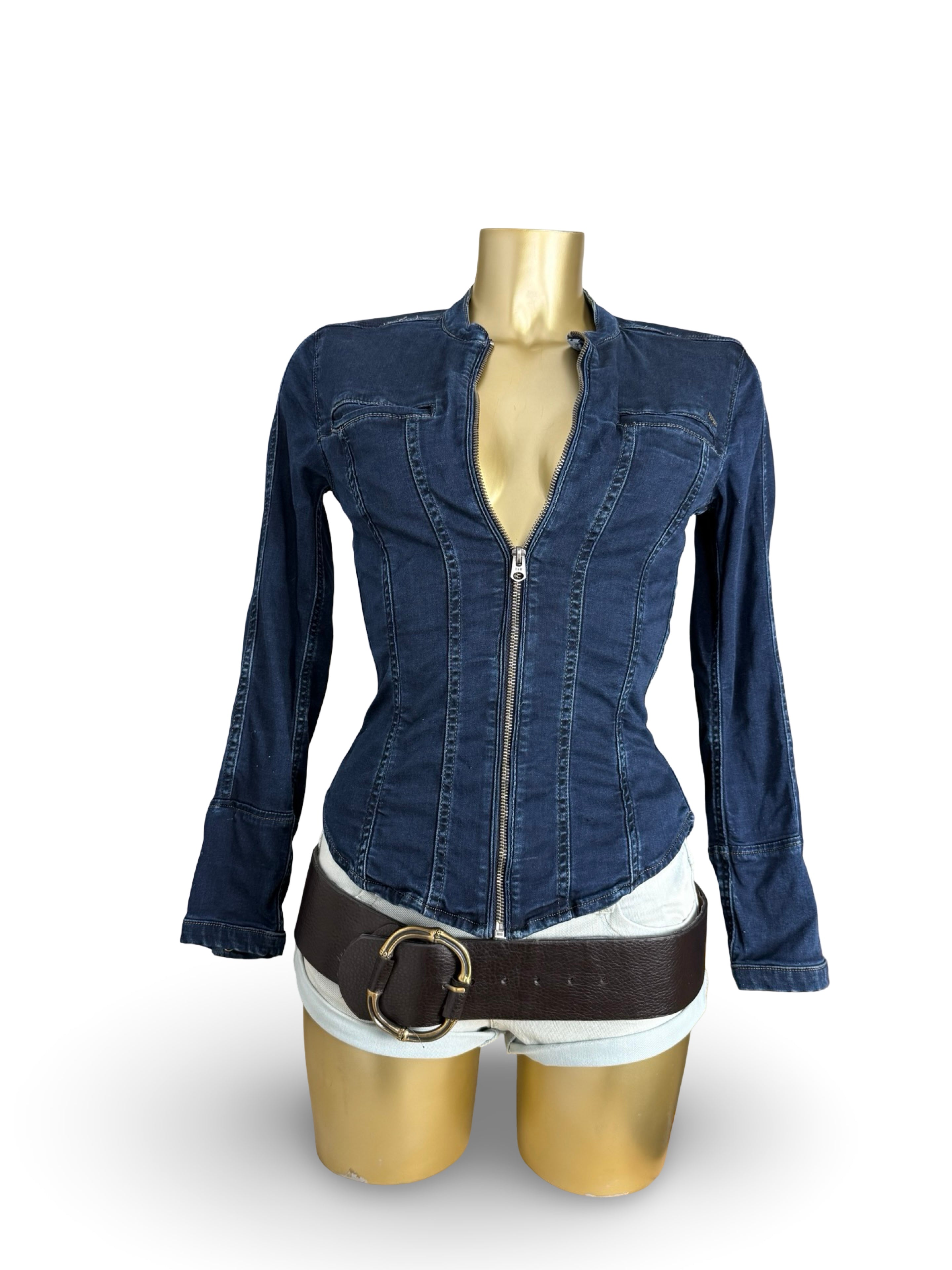Navy denim zip up biker jacket (XS)