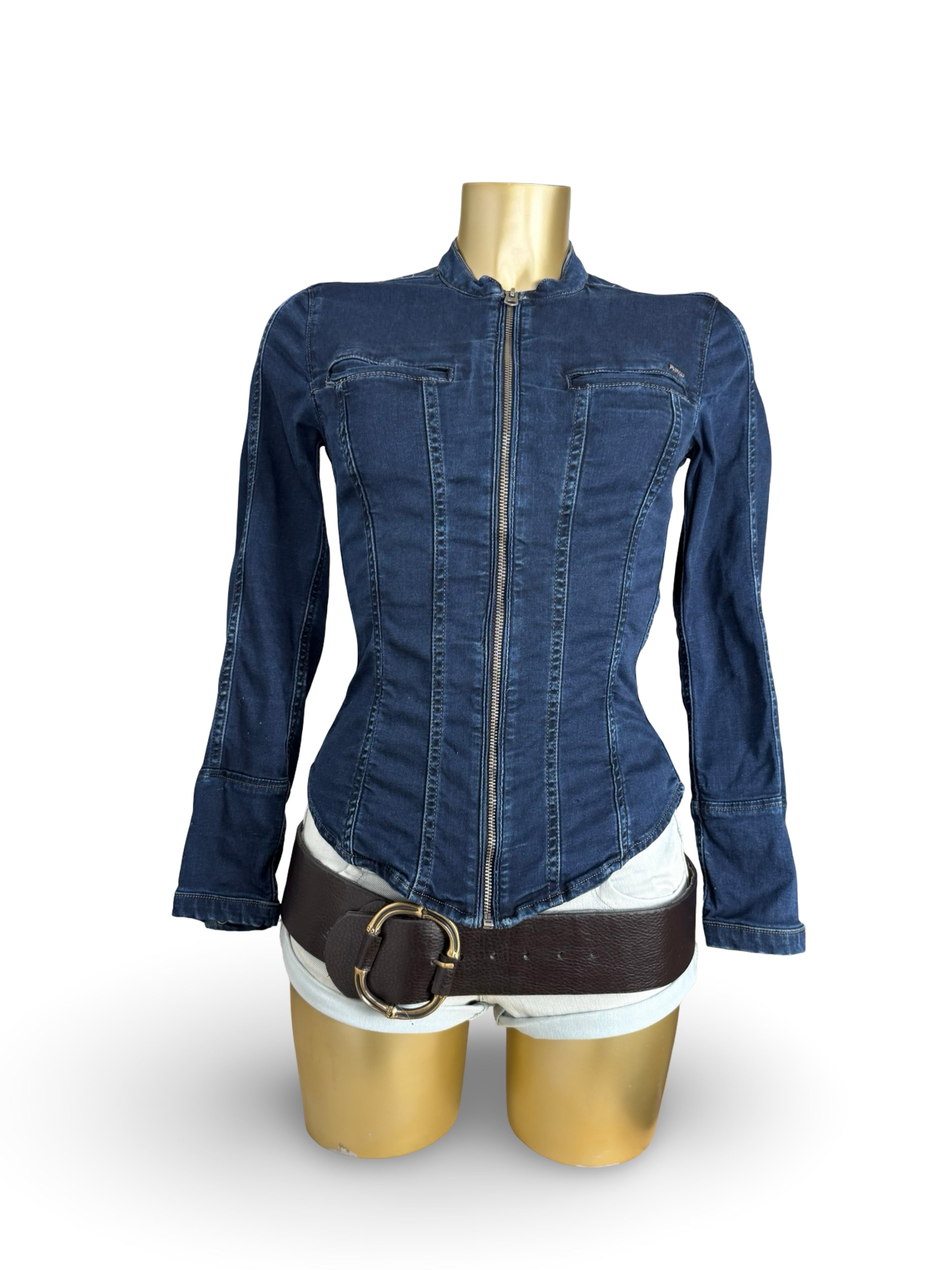Navy denim zip up biker jacket (XS)