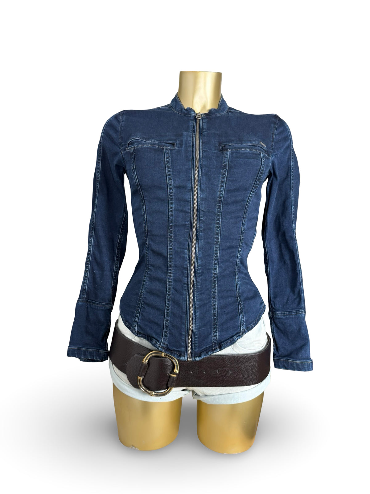Navy denim zip up biker jacket (XS)