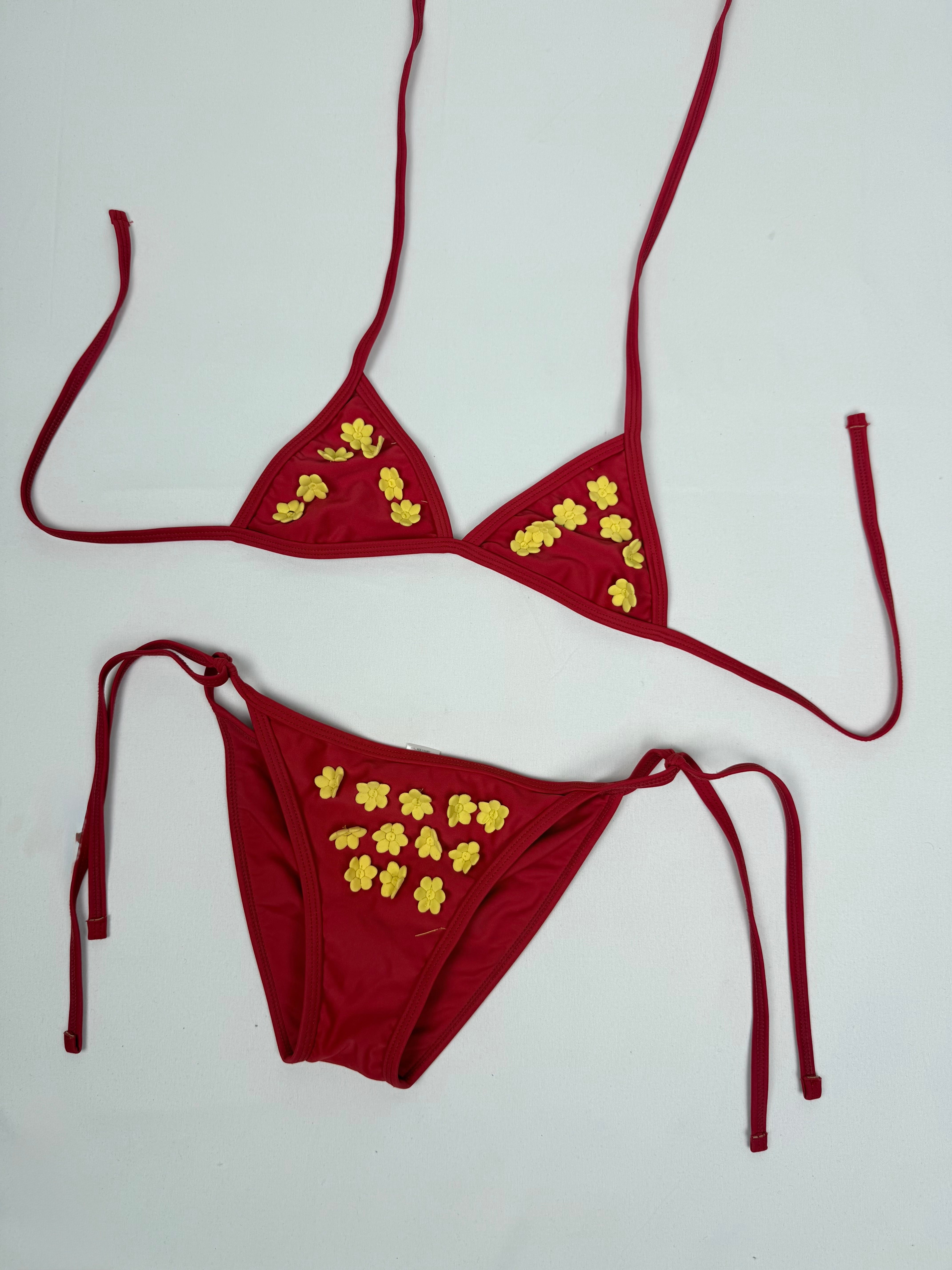 Red flower appliquée low rise bikini set (XS)