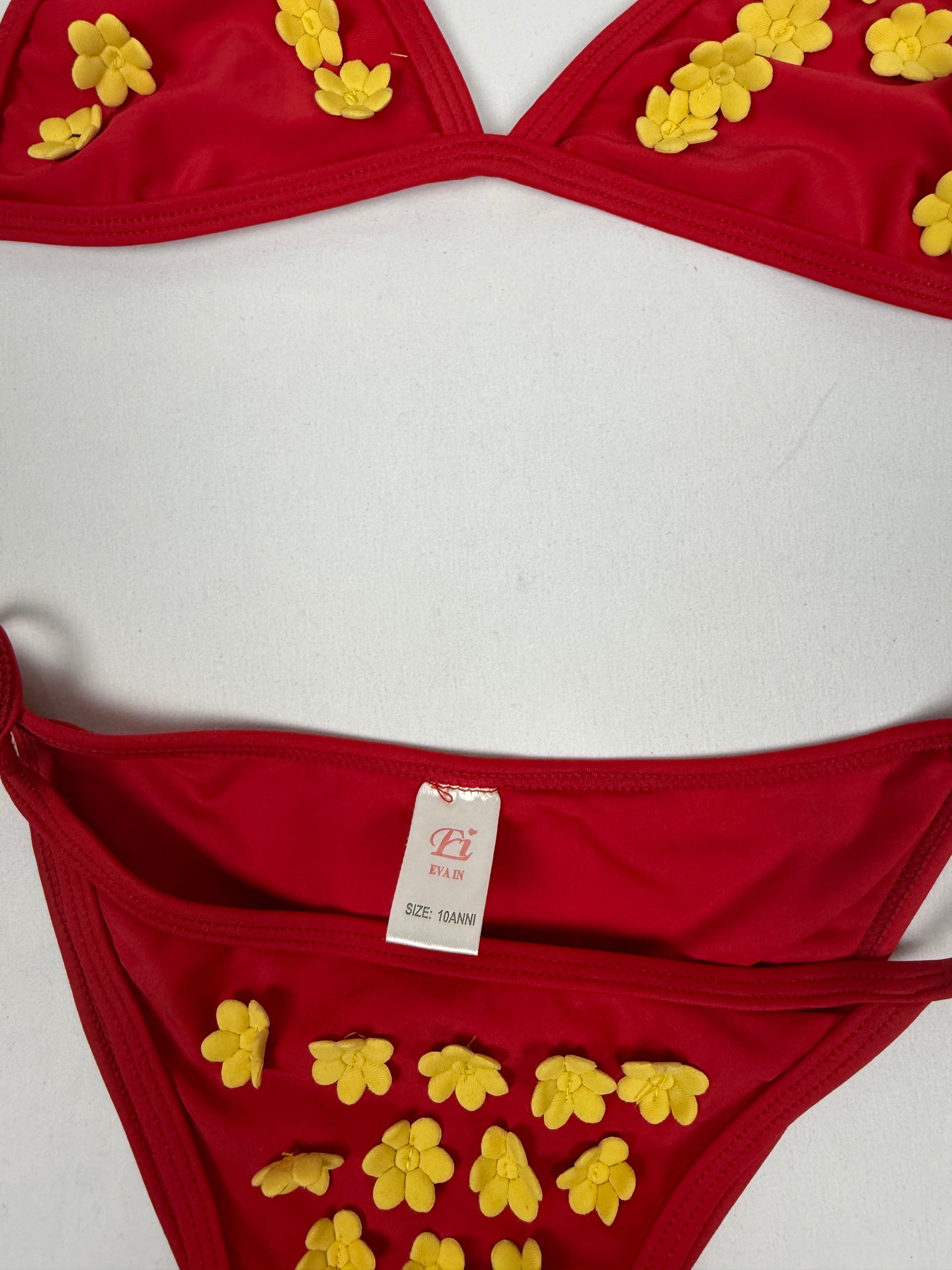 Red flower appliquée low rise bikini set (XS)
