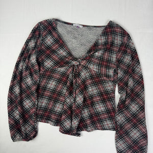 Cotton check print V neck long sleeves top (L)