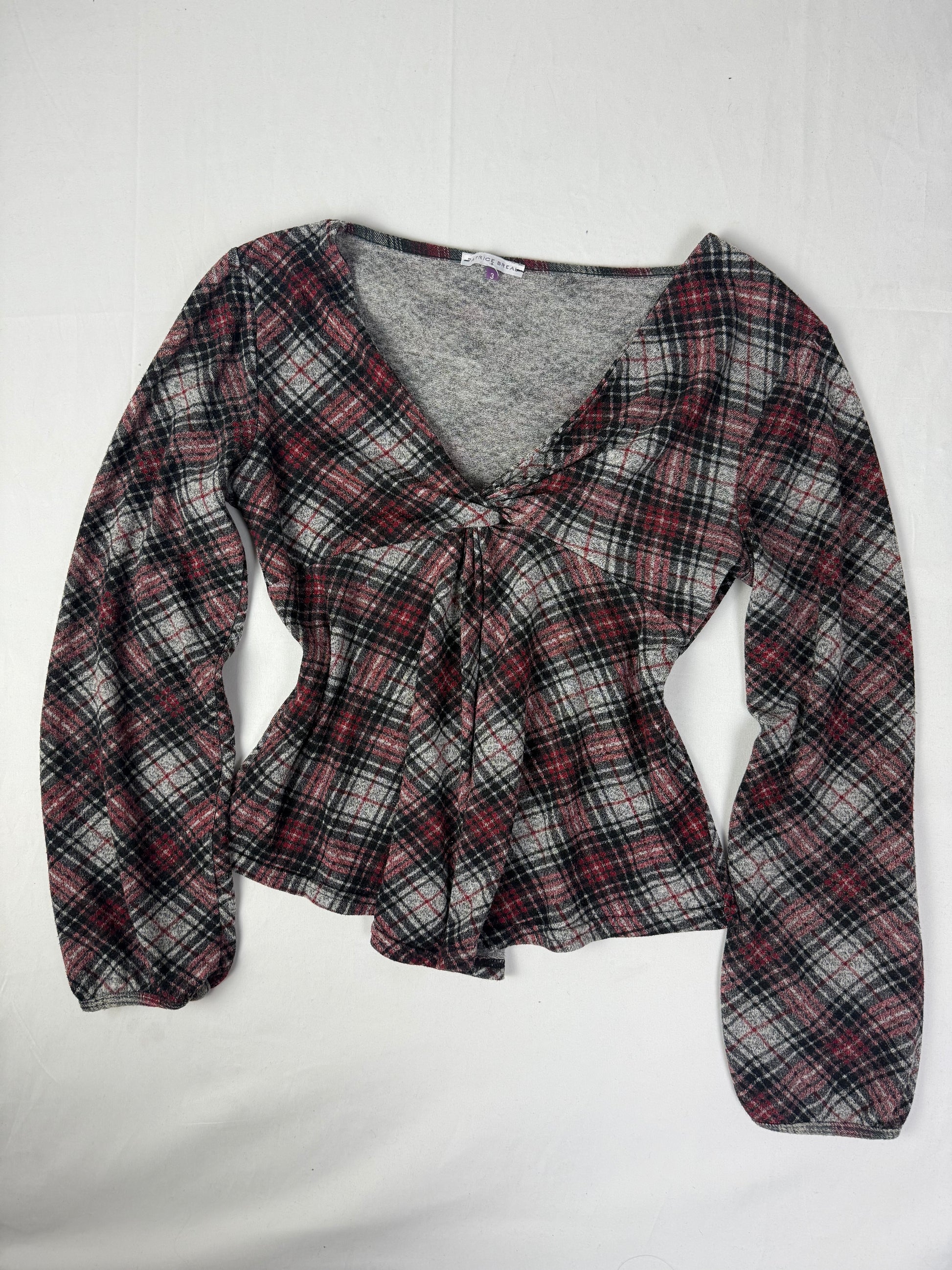 Cotton check print V neck long sleeves top (L)