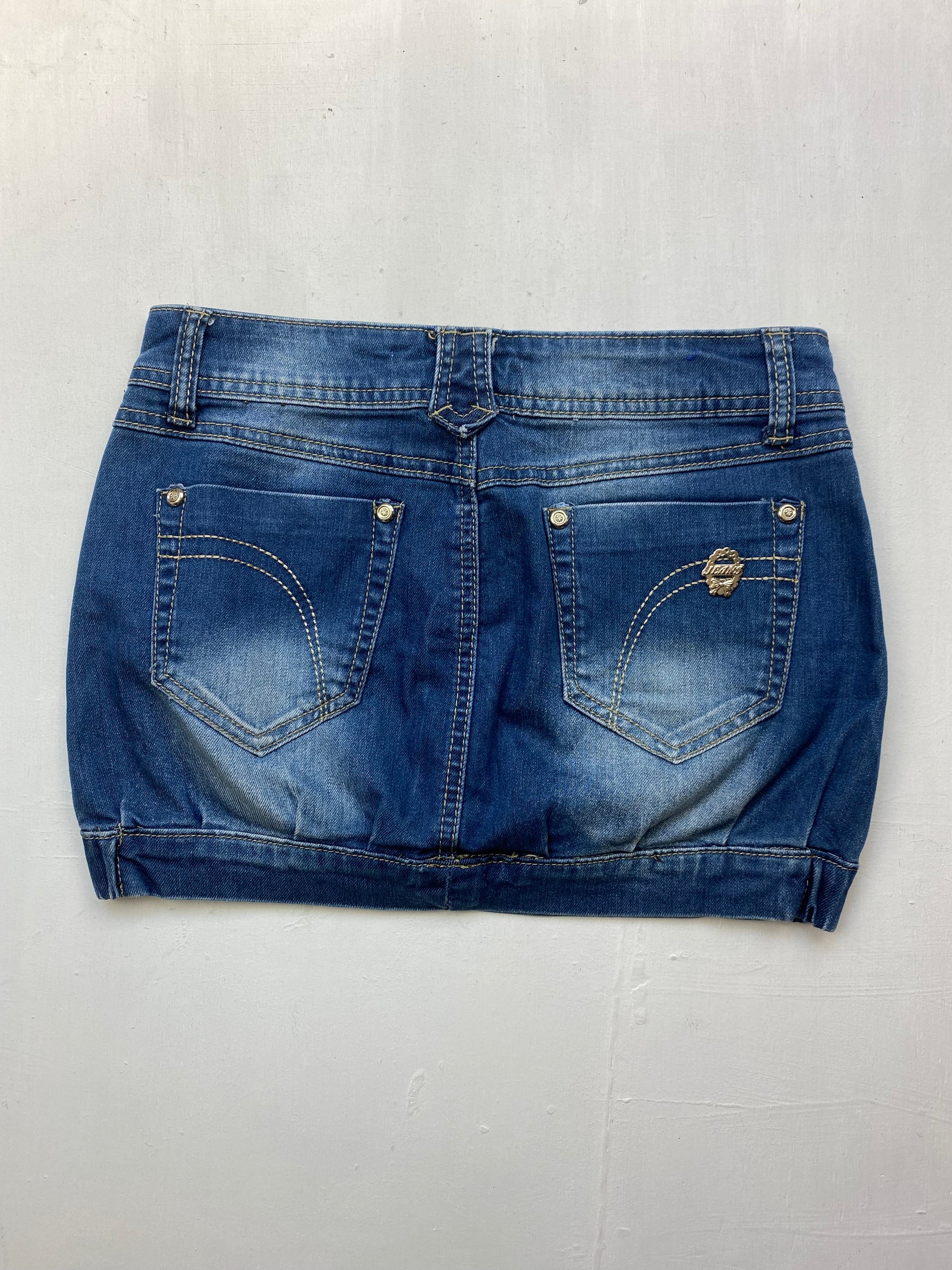 Blue denim low rise mini skirt (XS)