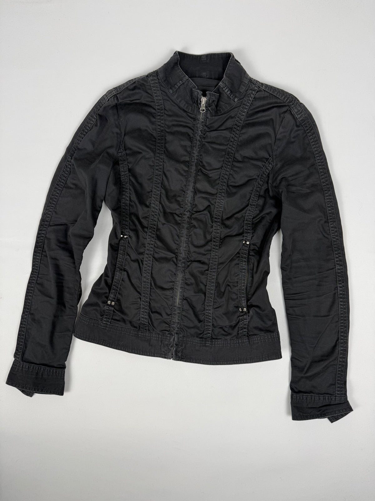Black ruched zip up biker jacket (M)
