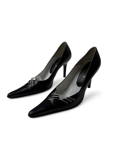 Black real leather pointed toes heels (37)