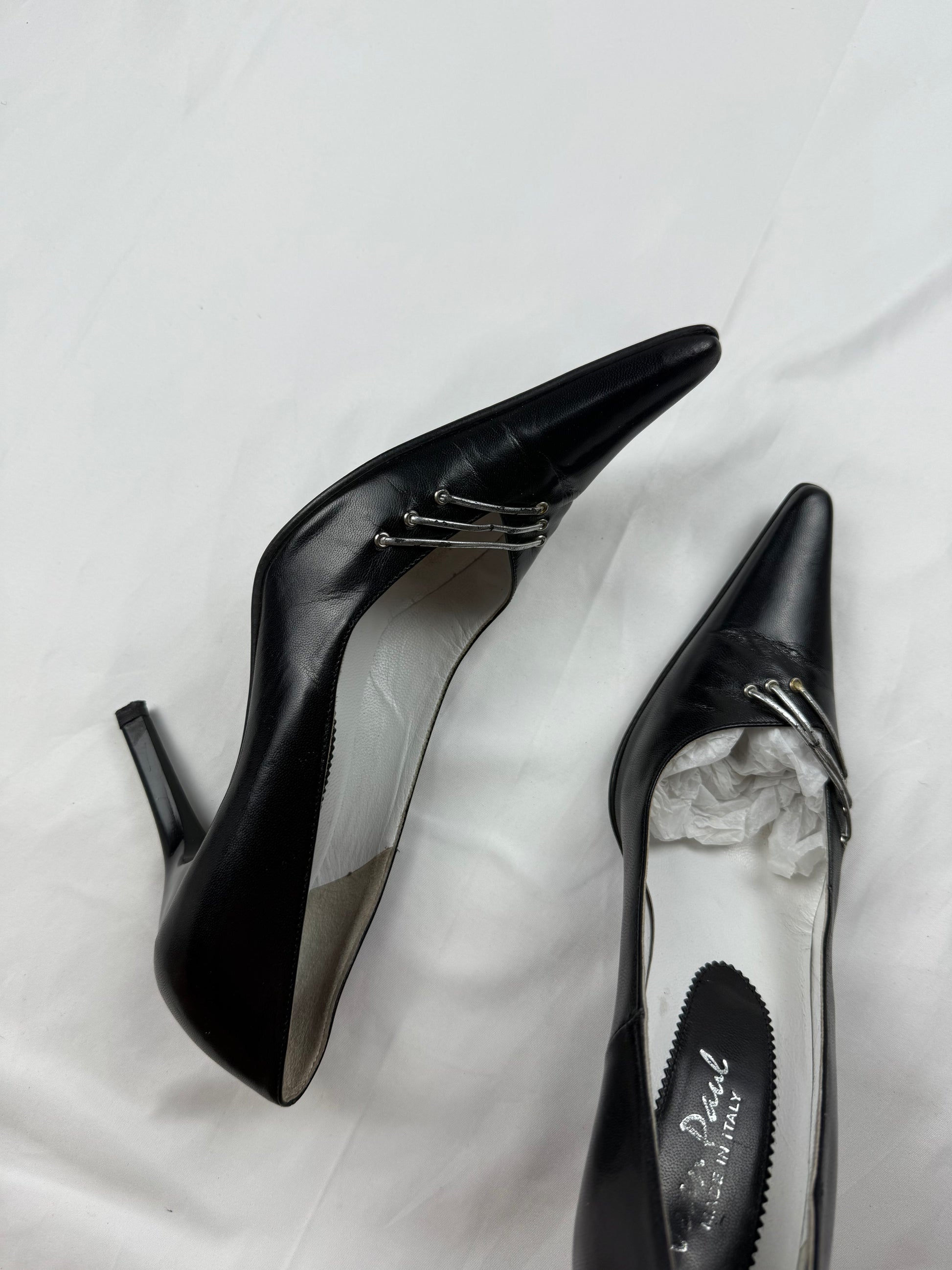 Black real leather pointed toes heels (37)
