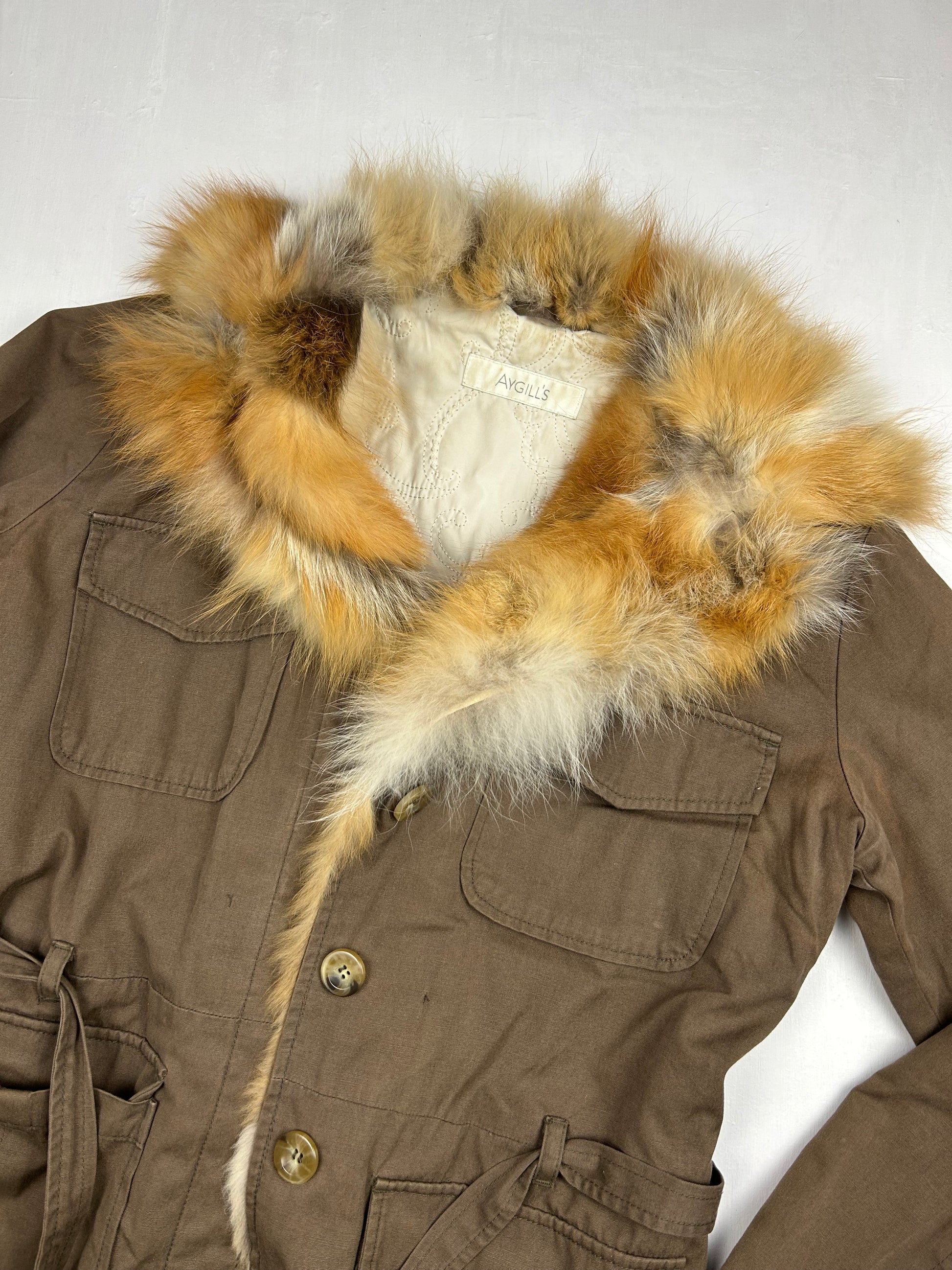 Khaki  y2k zip up real fur jacket (S)