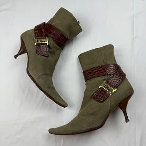 Khaki gold buckle pointed toes kitten heels boots (38.5)