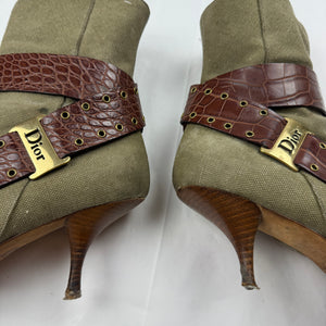 Khaki gold buckle pointed toes kitten heels boots (38.5)
