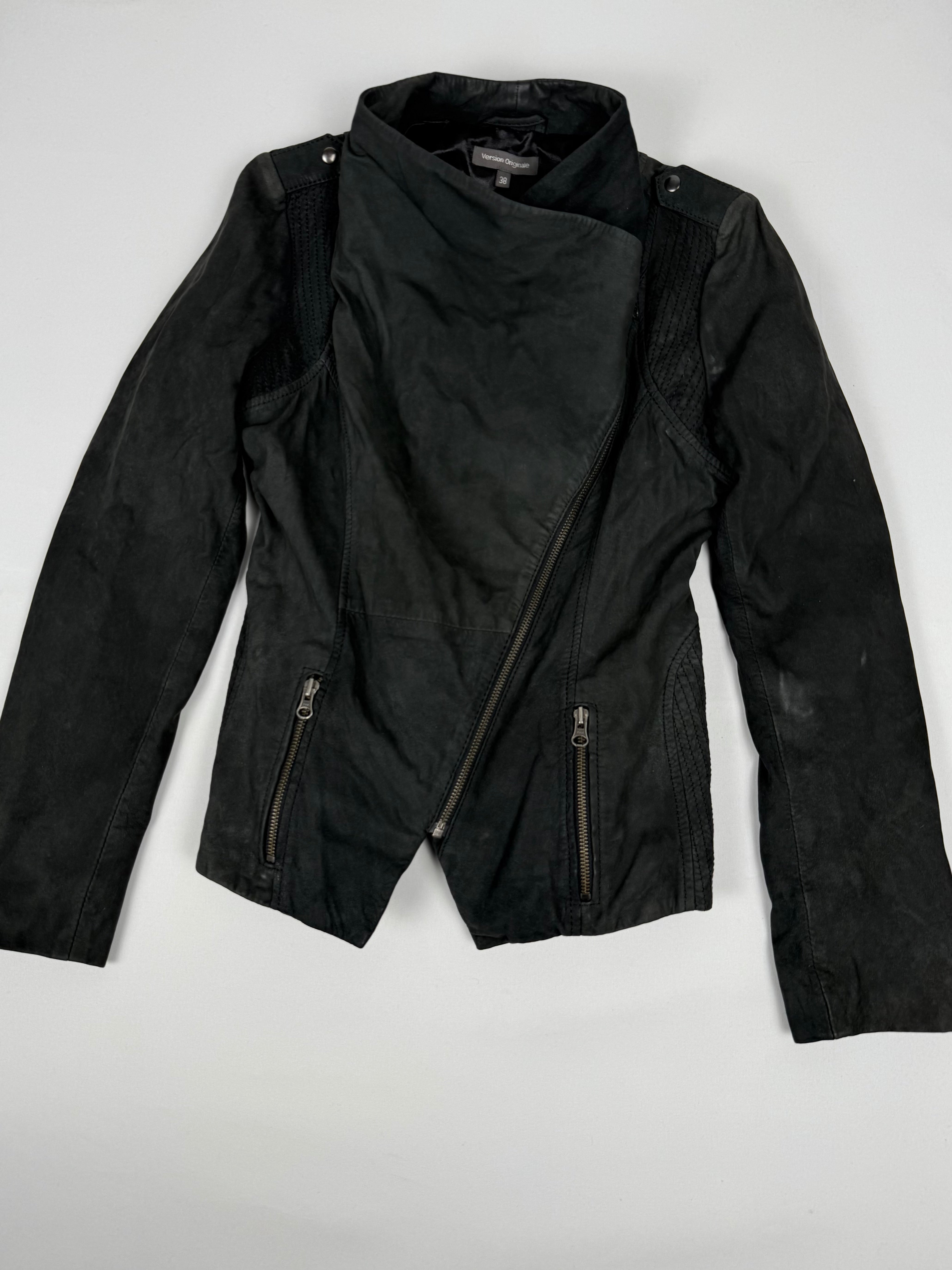 Black real suede leather funnel jacket (M)