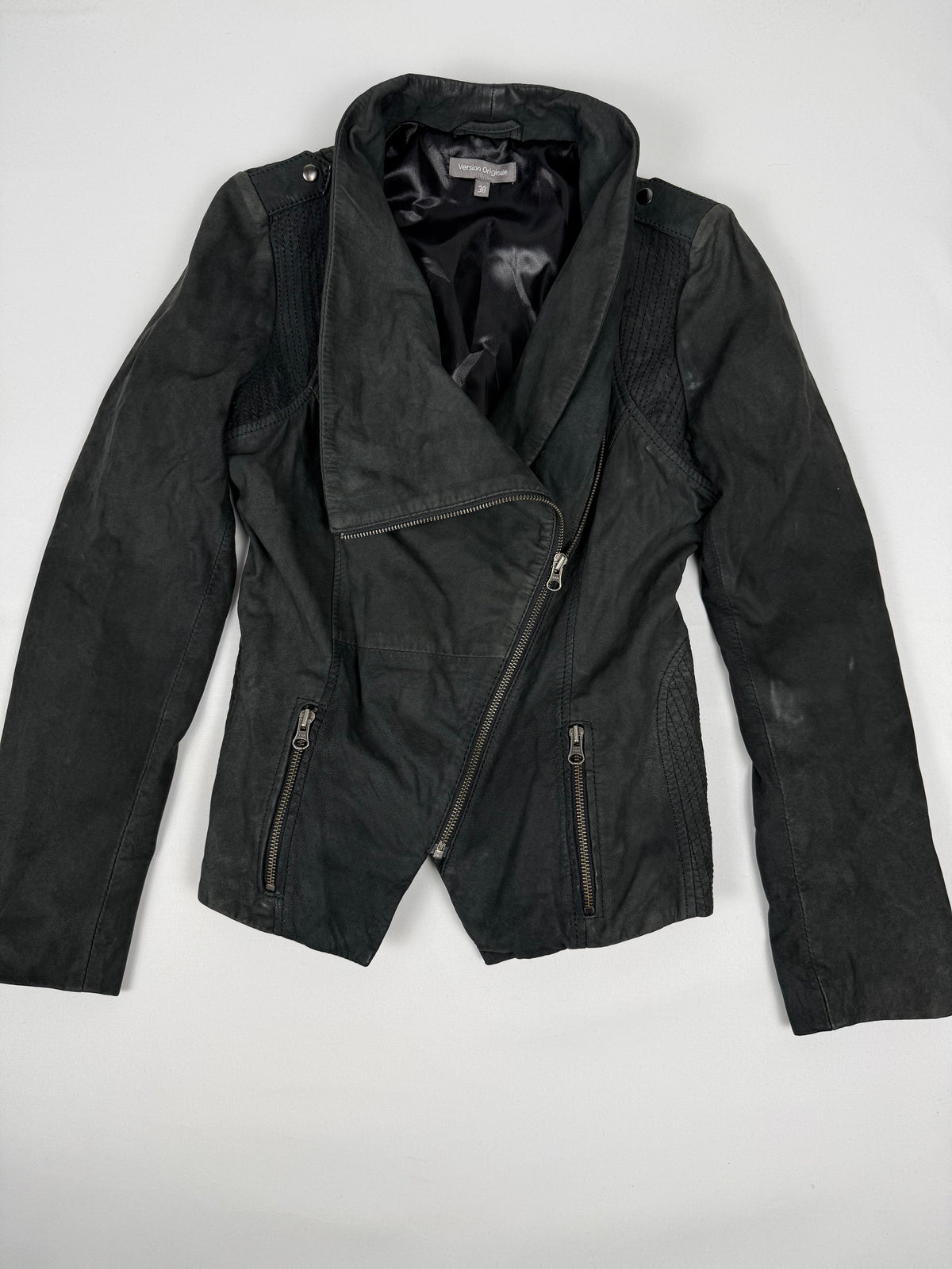 Black real suede leather funnel jacket (M)