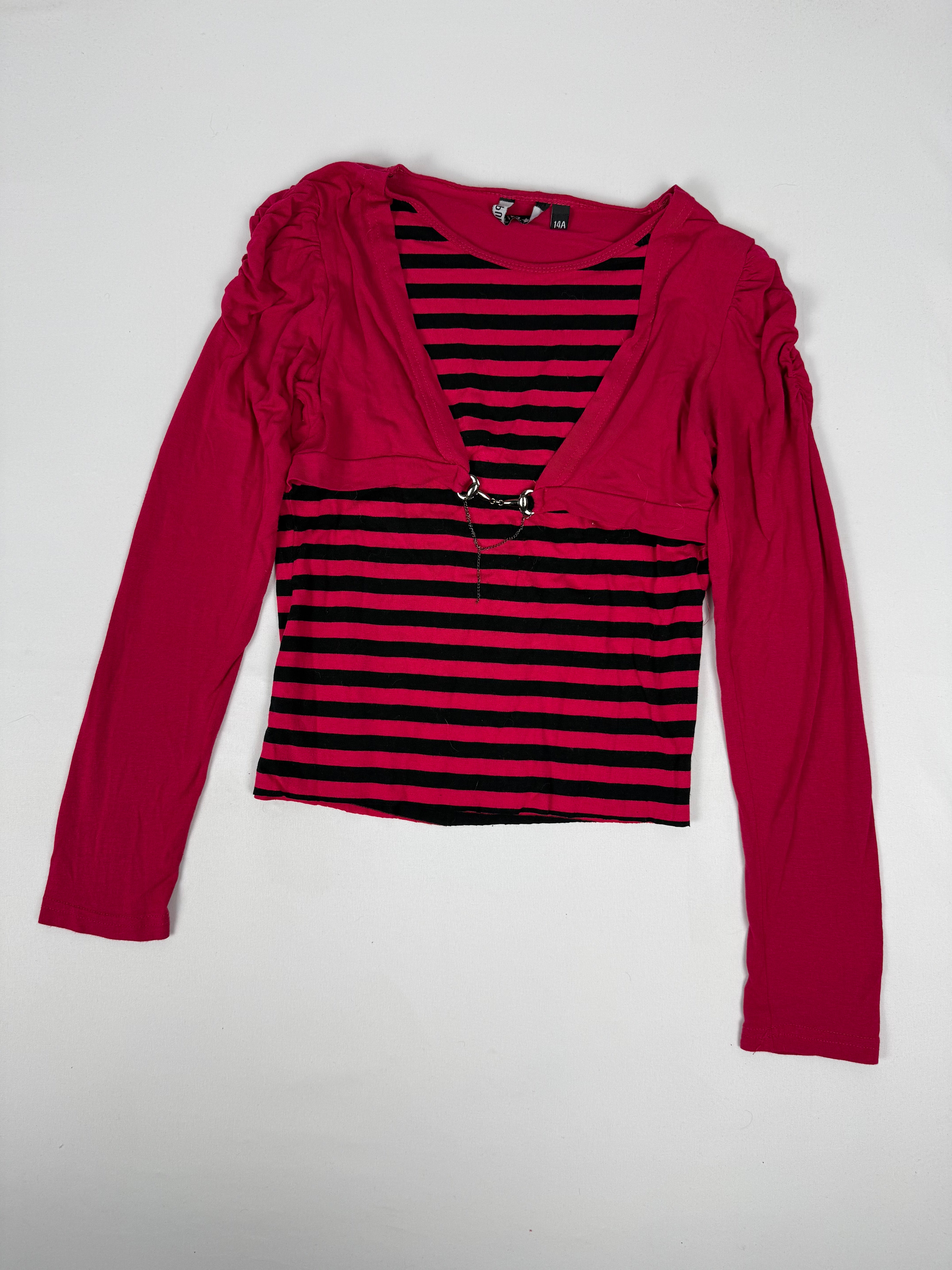 Pink striped long sleeves top + mini skirt set (M)