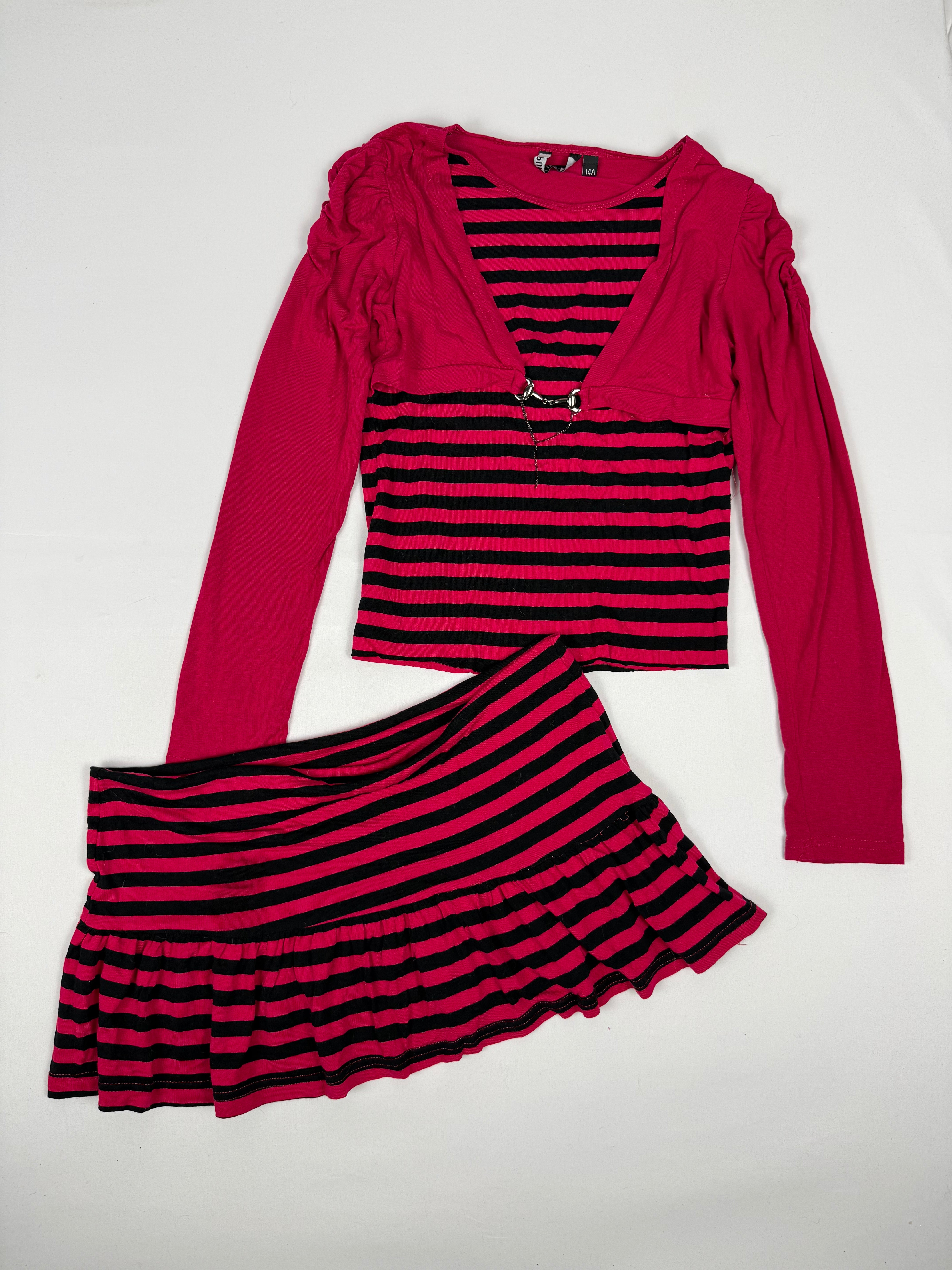 Pink striped long sleeves top + mini skirt set (M)