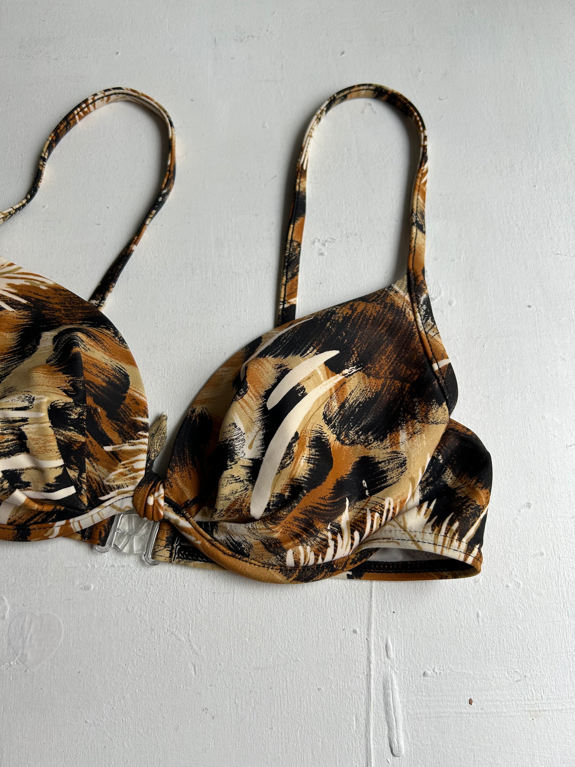 Brown animal print padded adjustable y2k vintage bikini top (M)