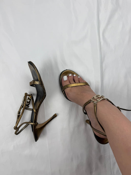 Metallic brown leather heels with gold GG buckle (39)