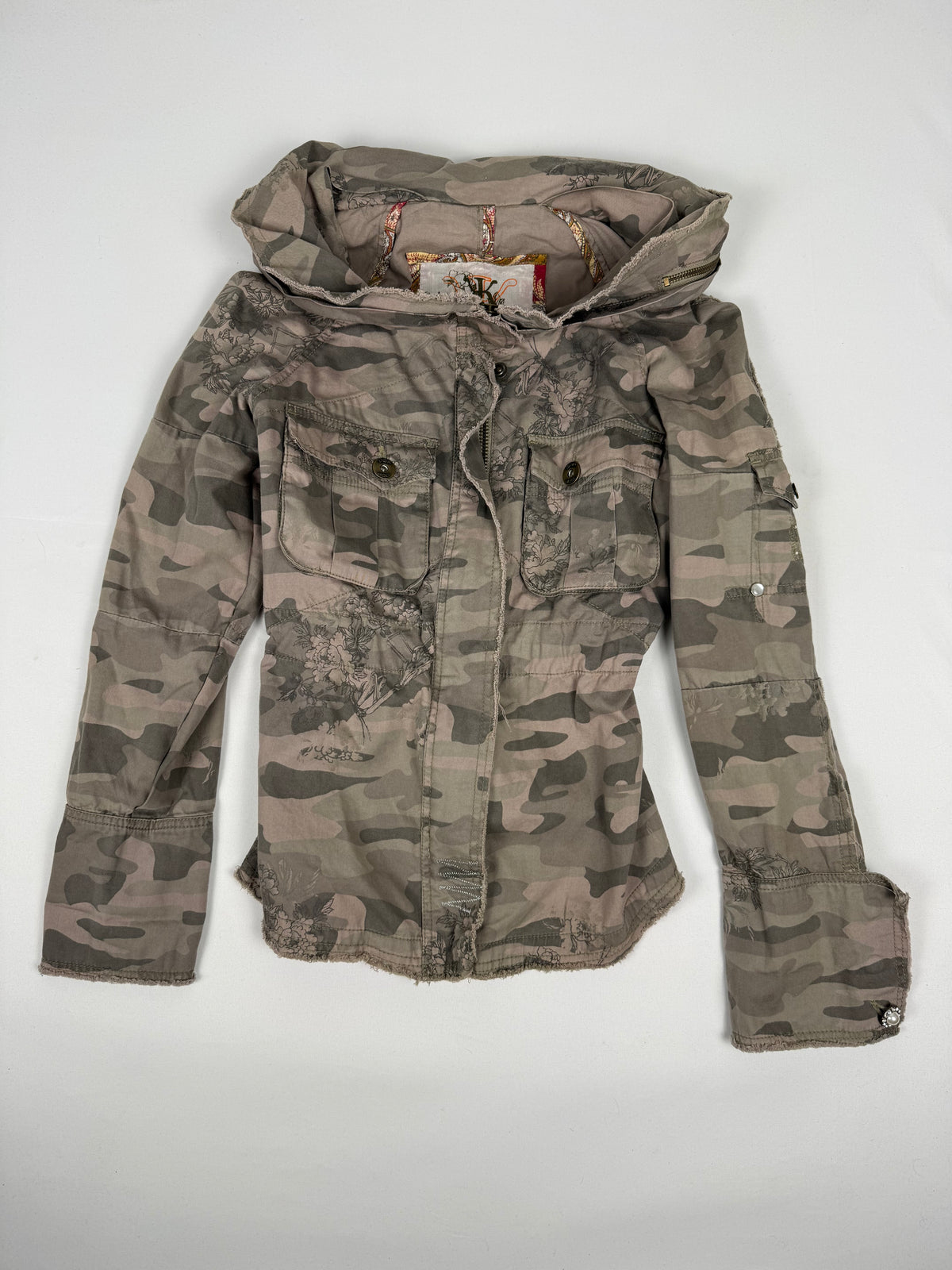 Khaki camo print zip up hooded jacket (M)