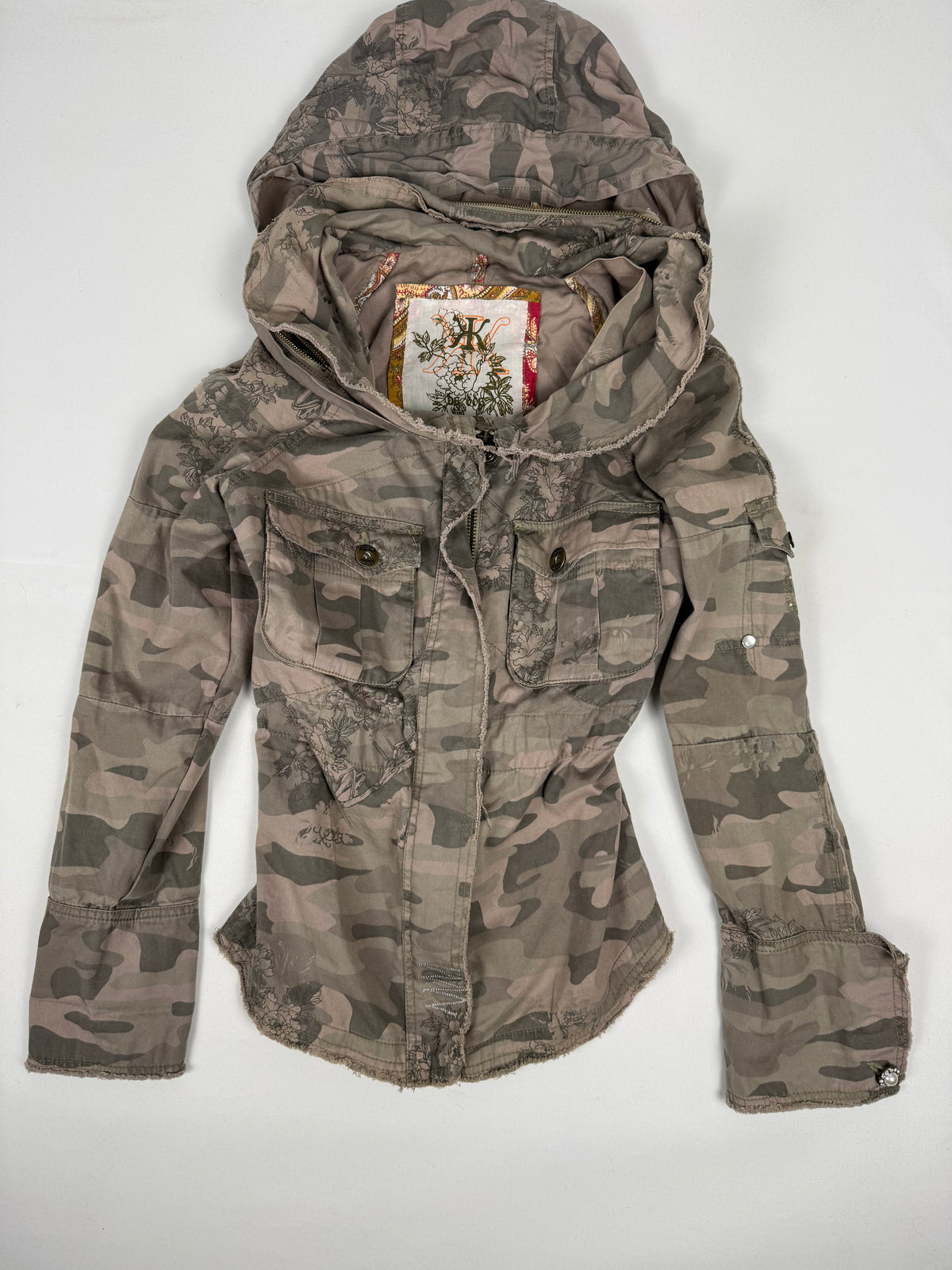 Khaki camo print zip up hooded jacket (M)