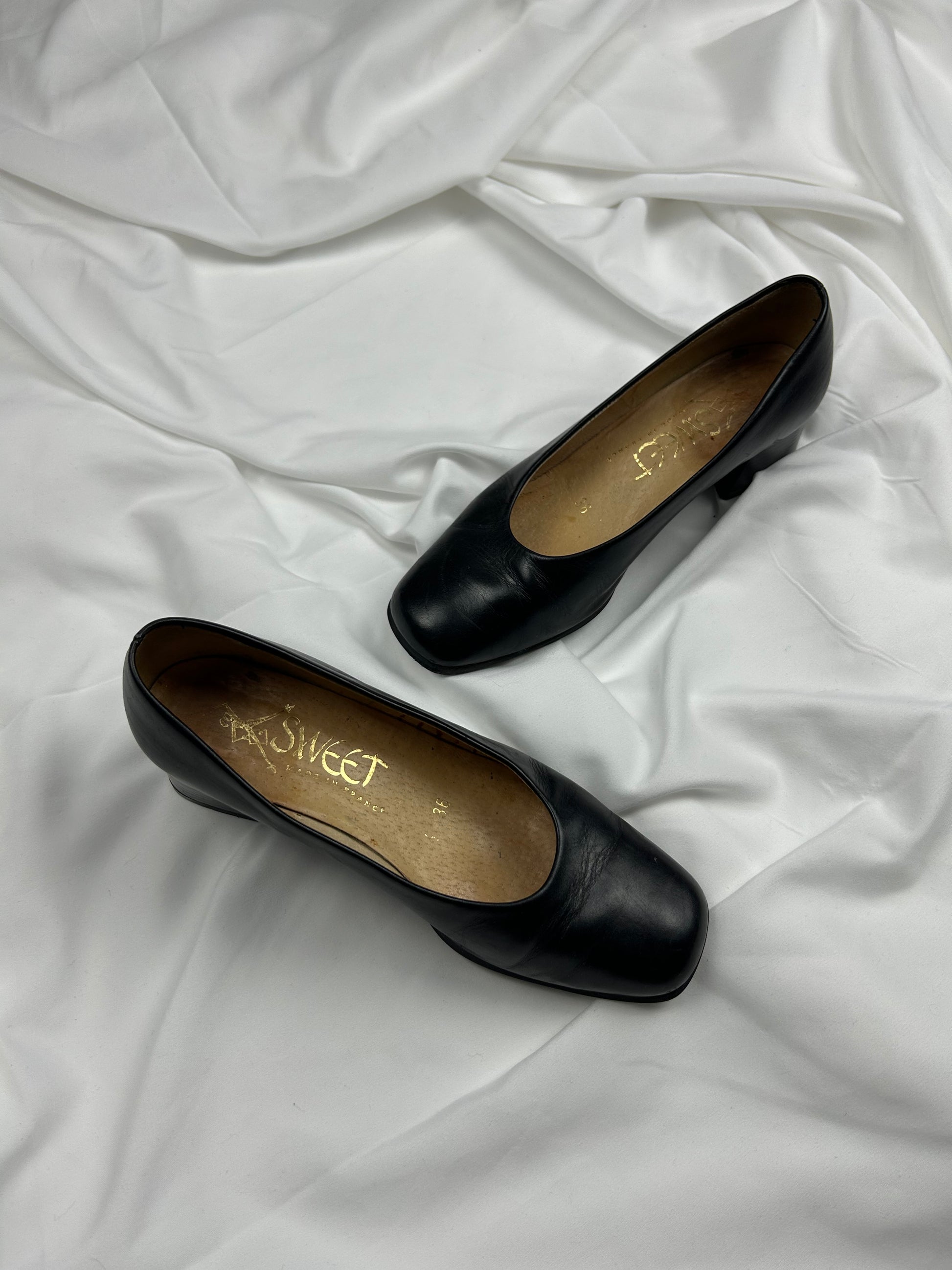 Black real leather square toes shoes (36)