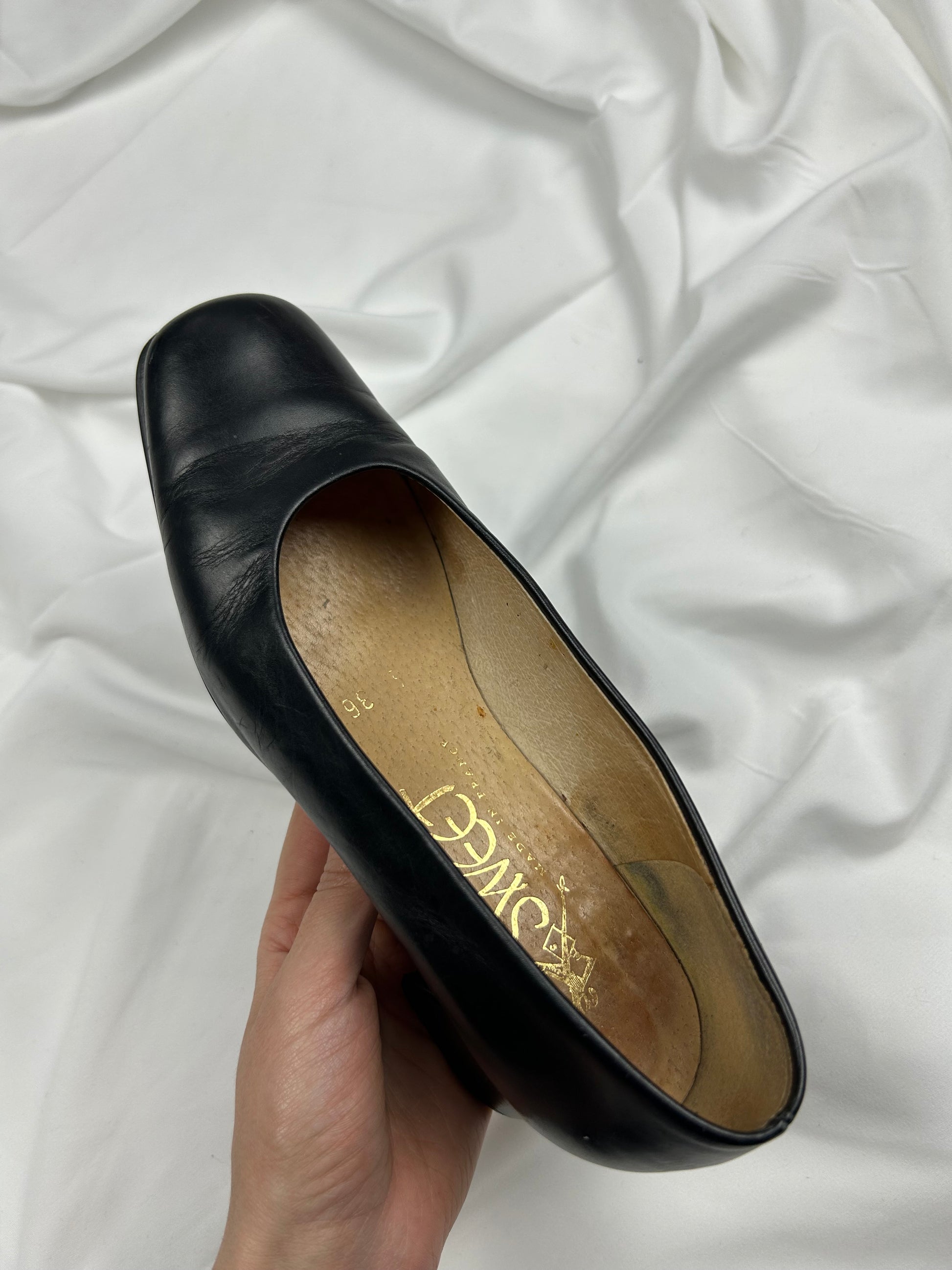 Black real leather square toes shoes (36)