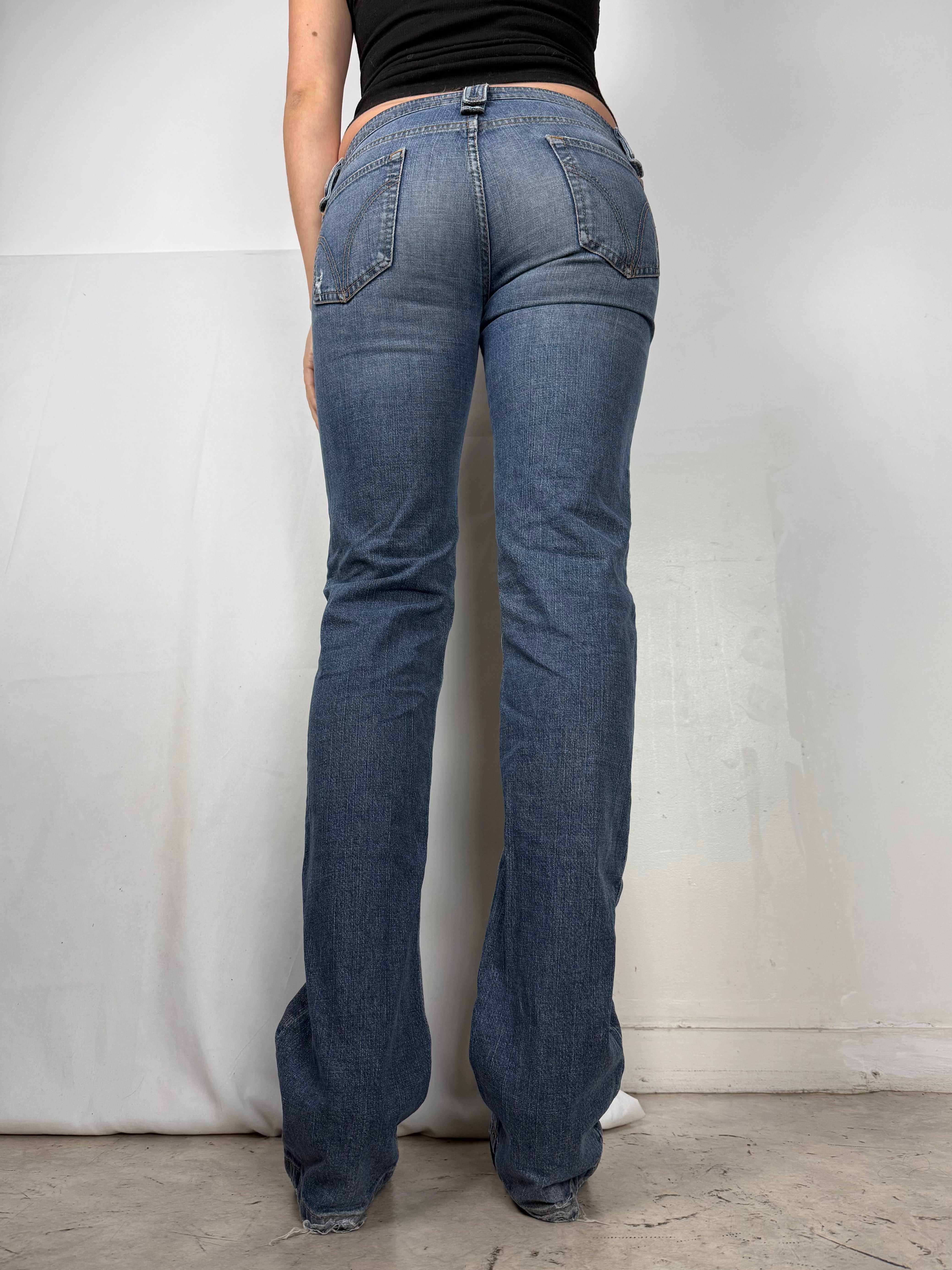 Blue denim low rise straight legs pants (S)