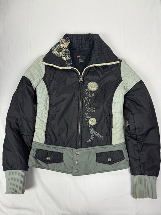 Khaki embroidered floral puffer jacket (S)