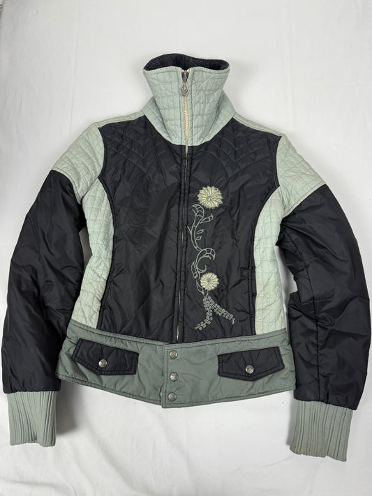 Khaki embroidered floral puffer jacket (S)